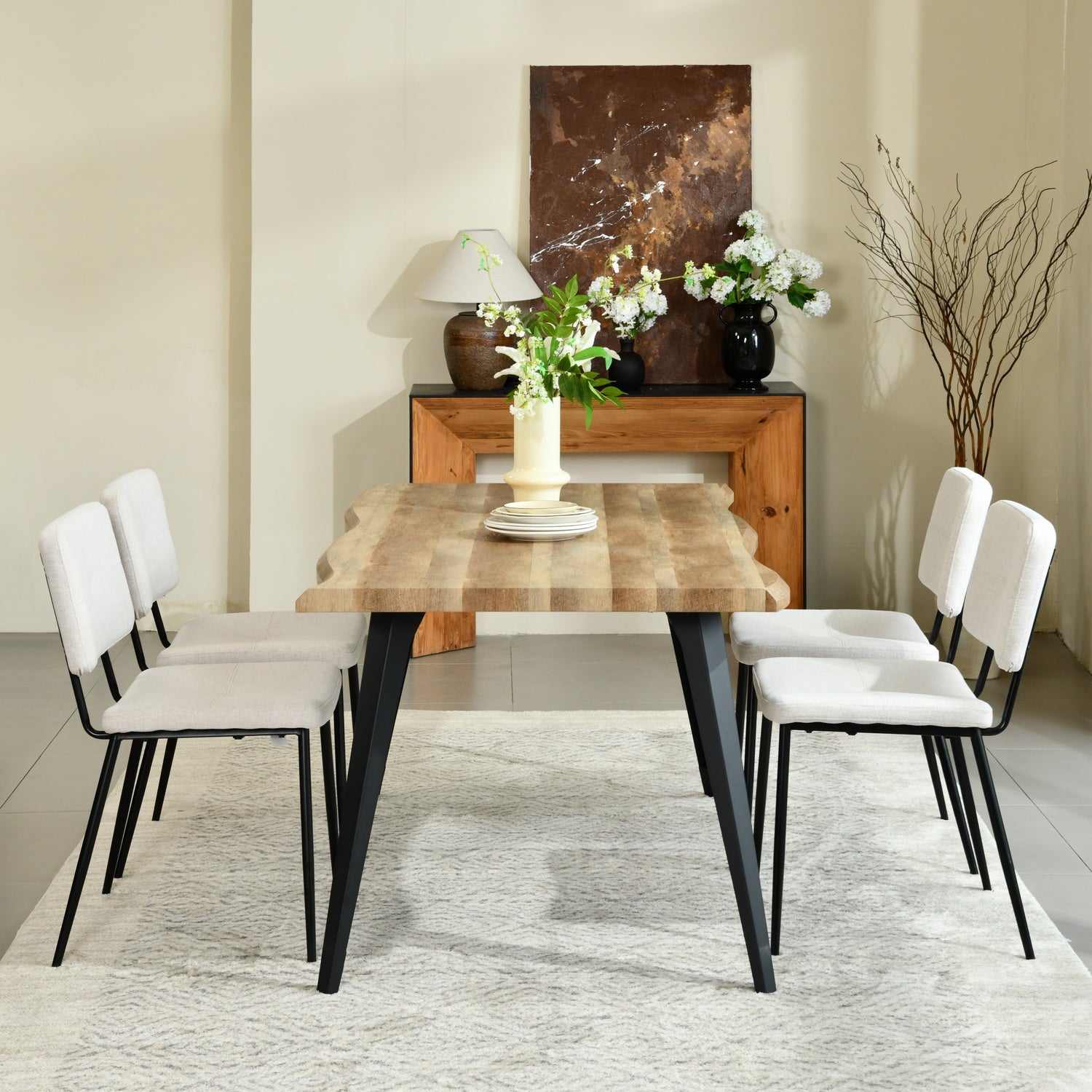 Homy Casa Lancelot 5PC Dining Set 63” Walnut Table with 4 Pomona Upholstered Chairs,Beige