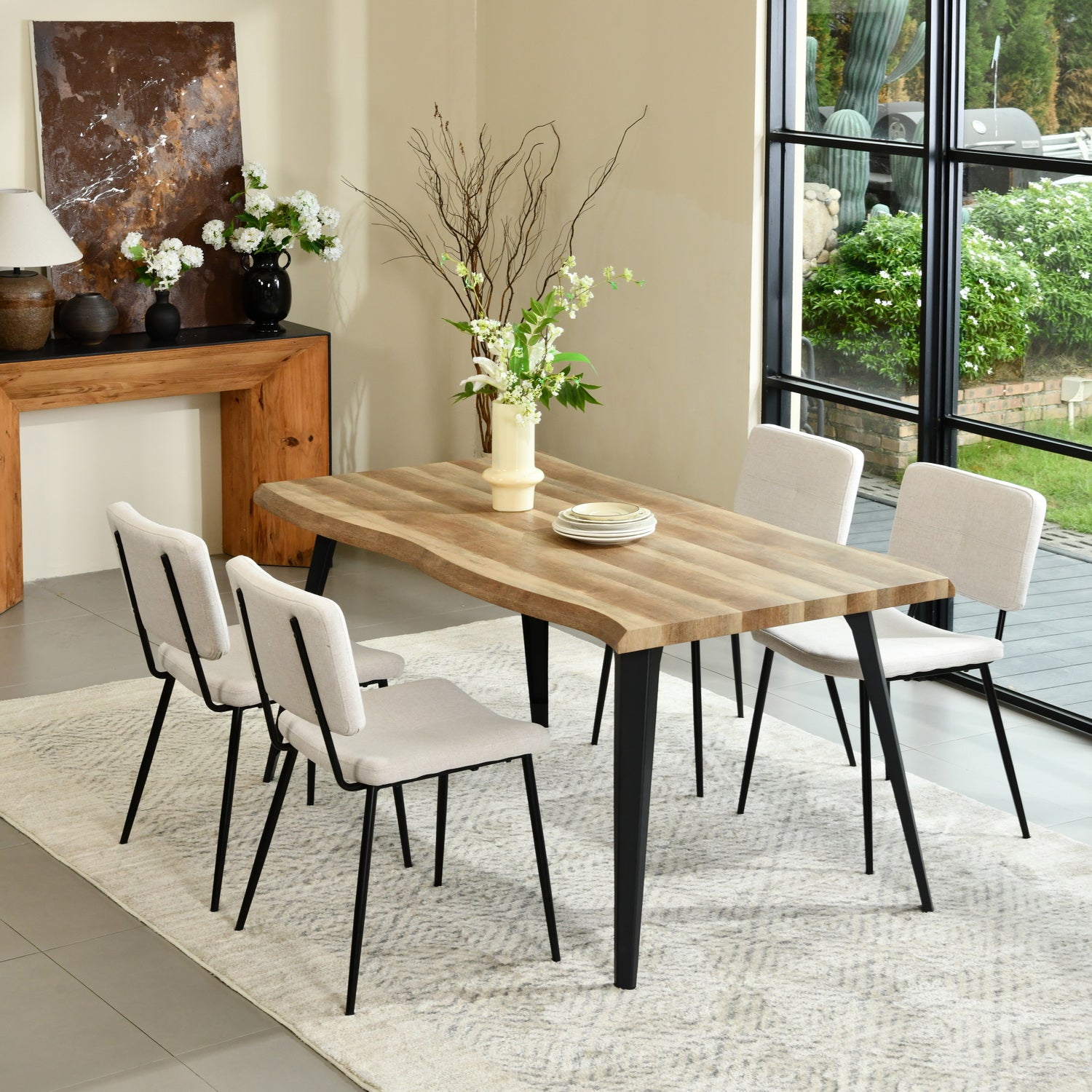 Homy Casa Lancelot 5PC Dining Set 63” Walnut Table with 4 Pomona Upholstered Chairs,Beige