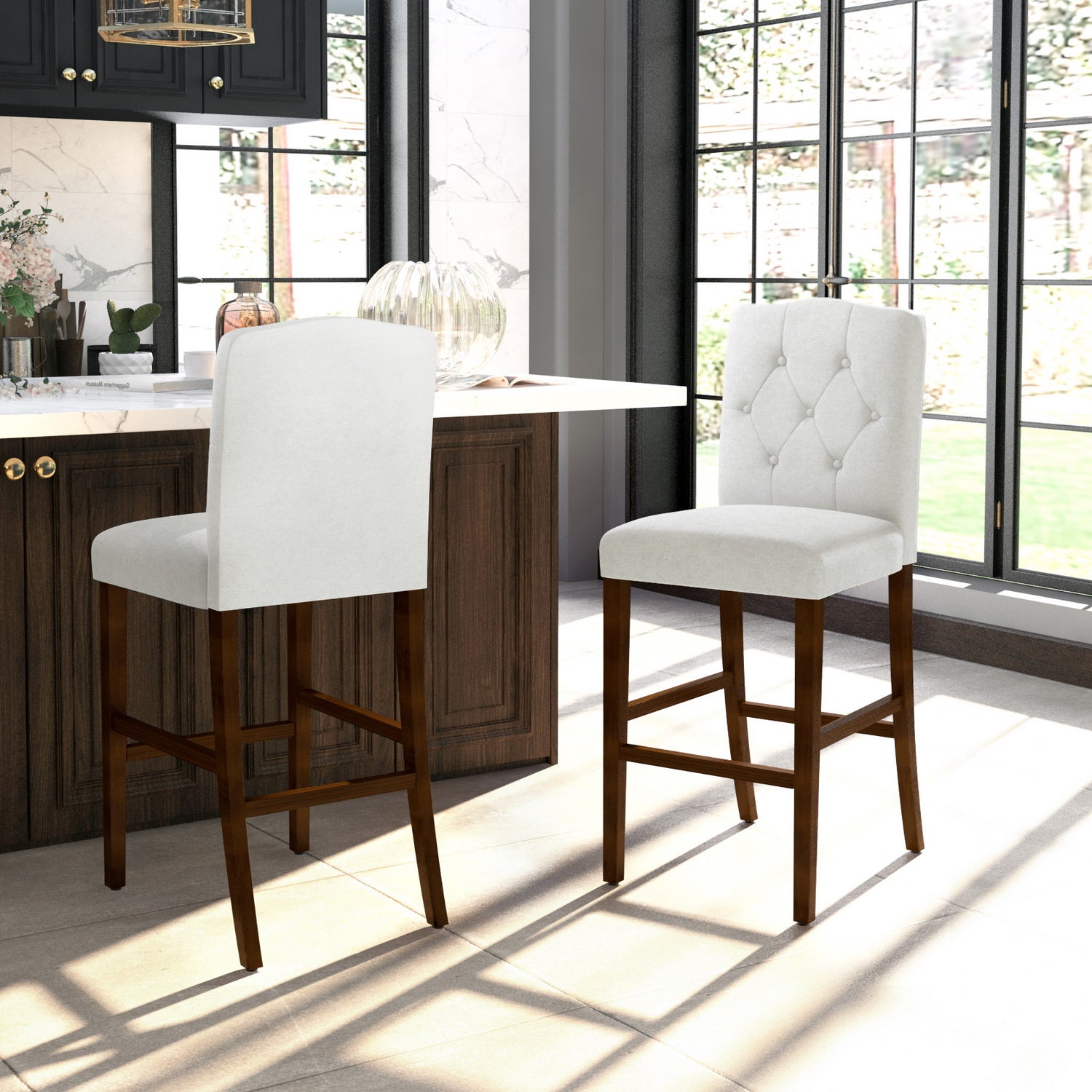 Homy Casa Lunon High Bar Stool Set of 2, White Tufted Upholstered Bar Chairs with Wood Legs,Open Box