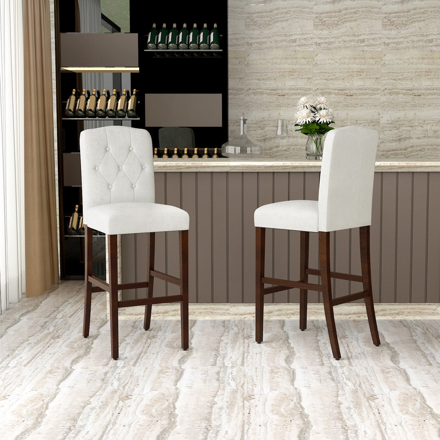 Homy Casa Lunon High Bar Stool Set of 2, White Tufted Upholstered Bar Chairs with Wood Legs,Open Box