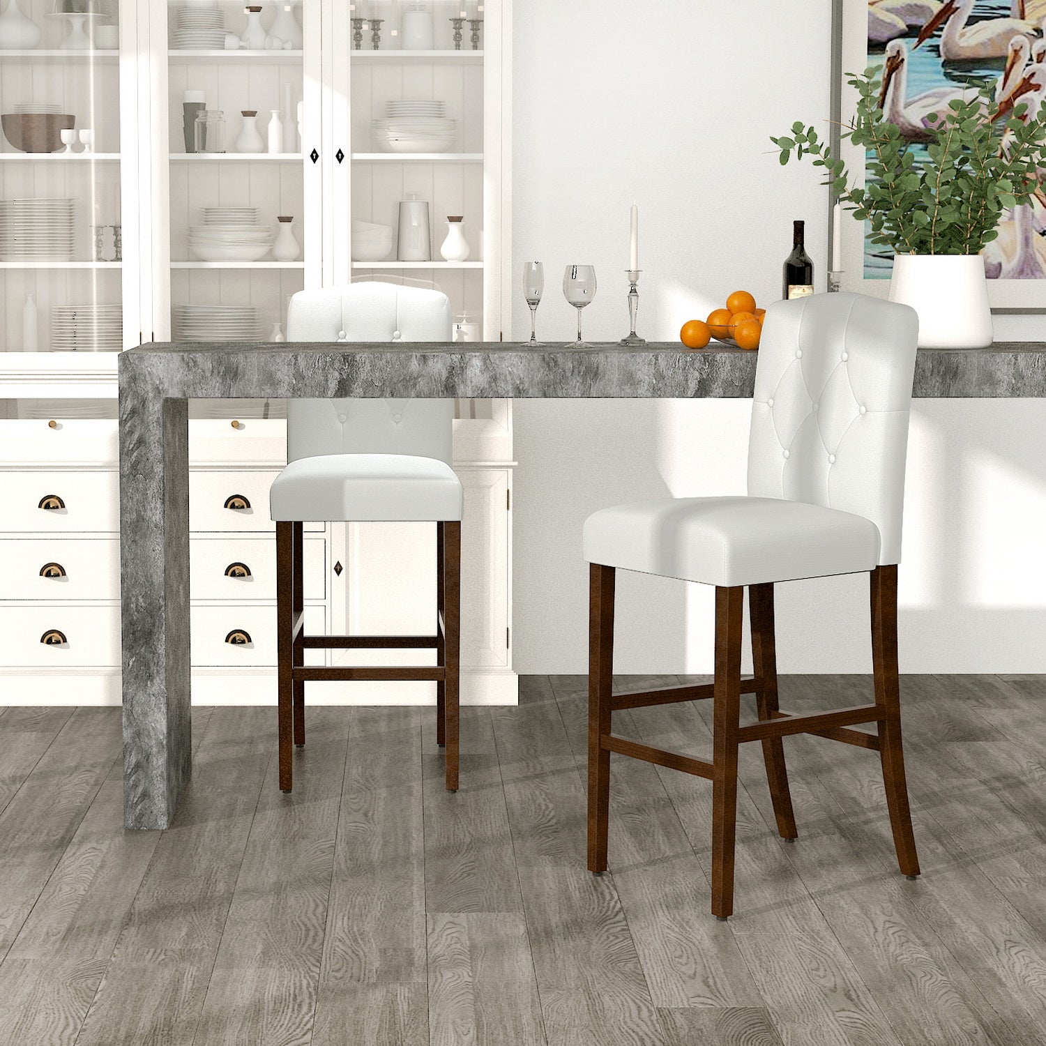 Homy Casa Lunon High Bar Stool Set of 2, White Tufted Upholstered Bar Chairs with Wood Legs,Open Box