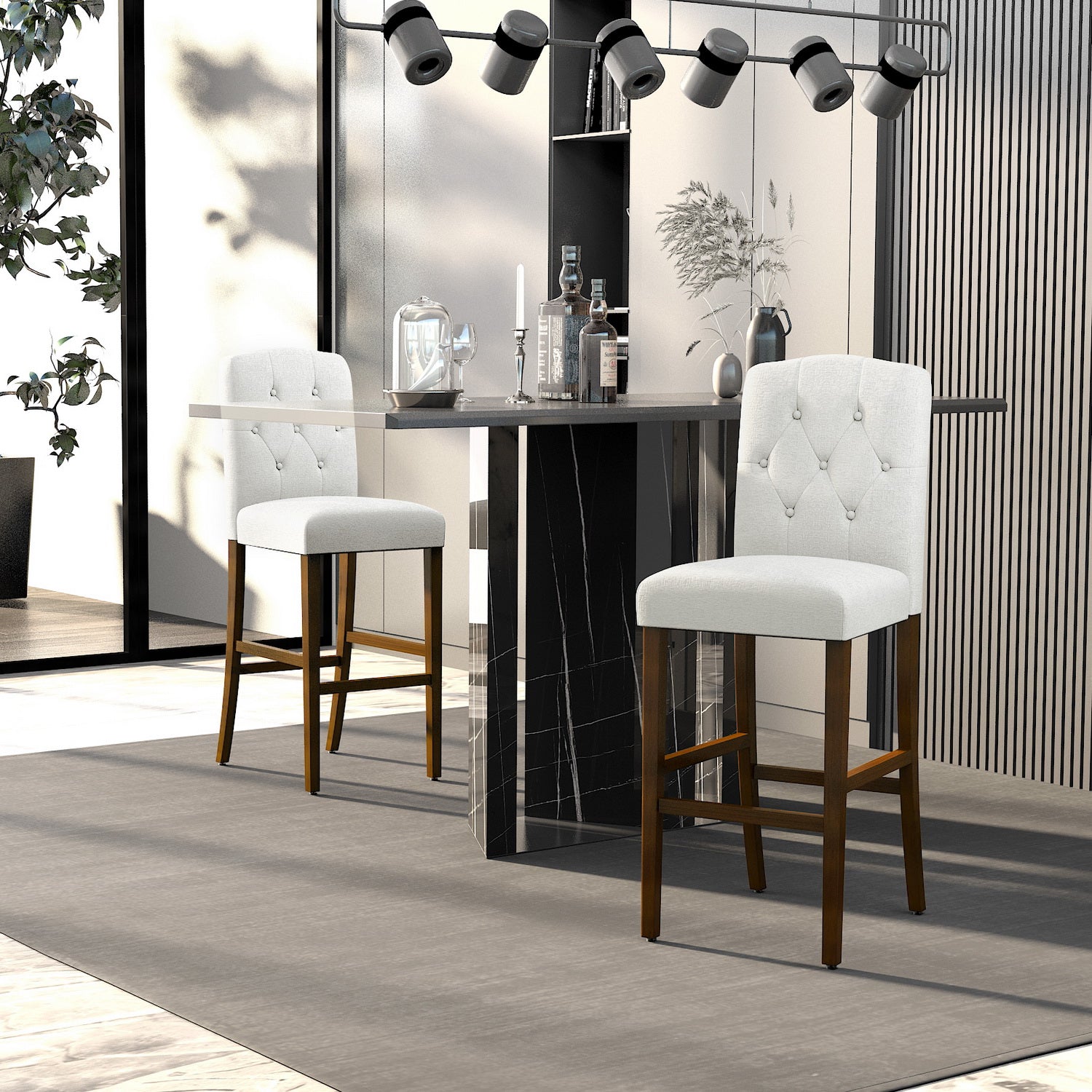 Homy Casa Lunon High Bar Stool Set of 2, White Tufted Upholstered Bar Chairs with Wood Legs,Open Box