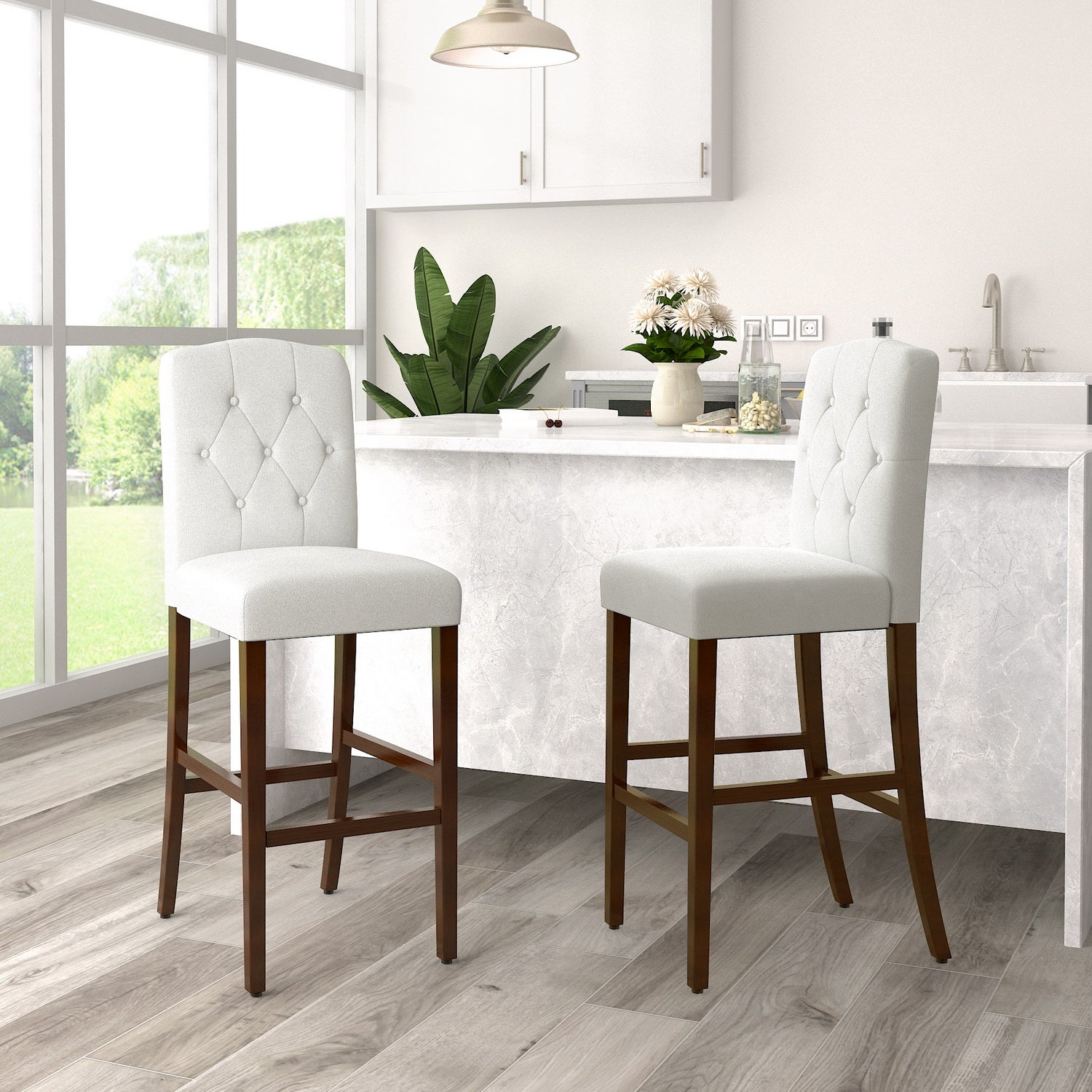 Homy Casa Lunon High Bar Stool Set of 2, White Tufted Upholstered Bar Chairs with Wood Legs,Open Box