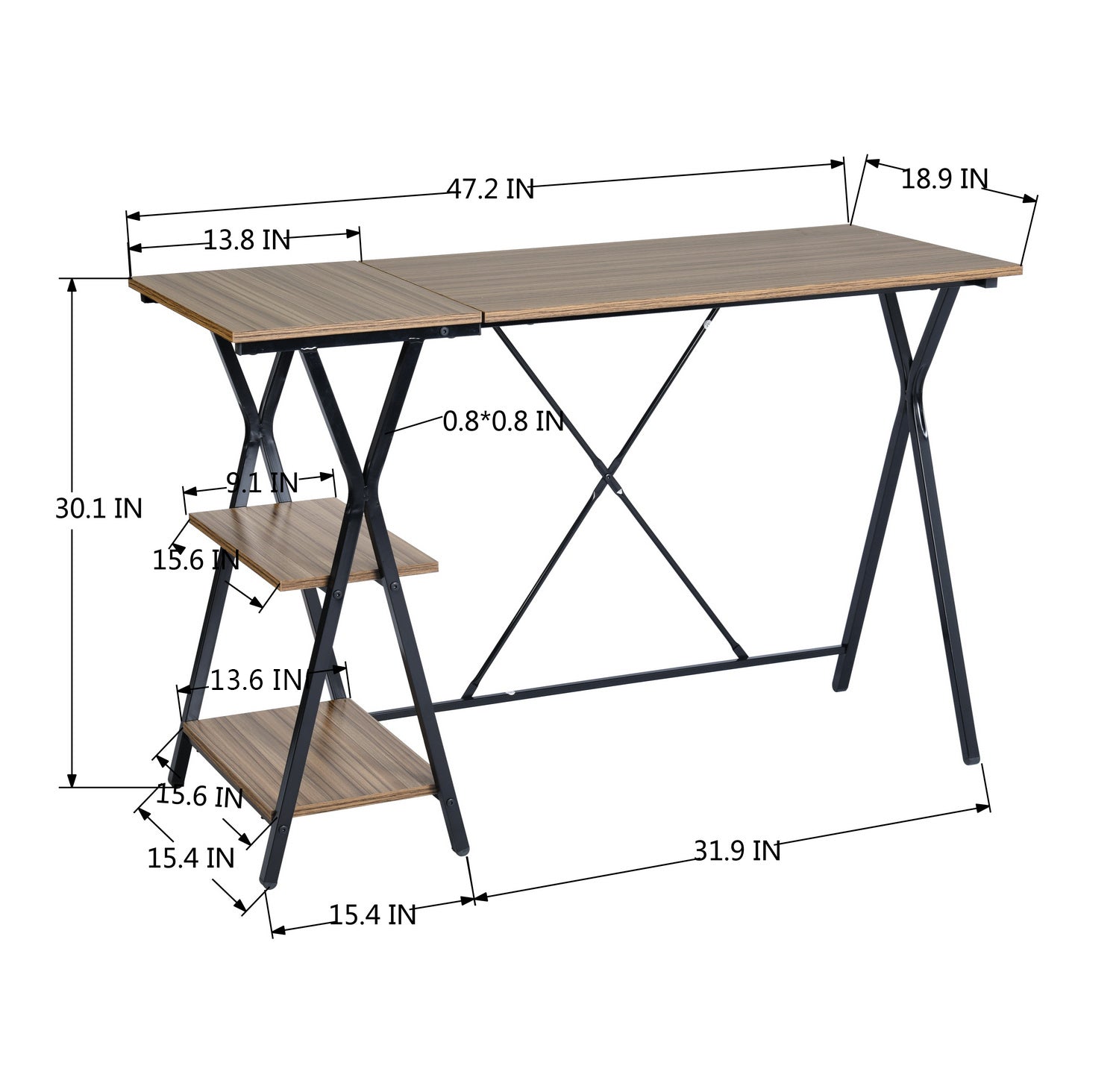 Homy Casa MADDIE Modern Writing Desk with 2-Tier Storage Shelves and Metal Frame, Open Box