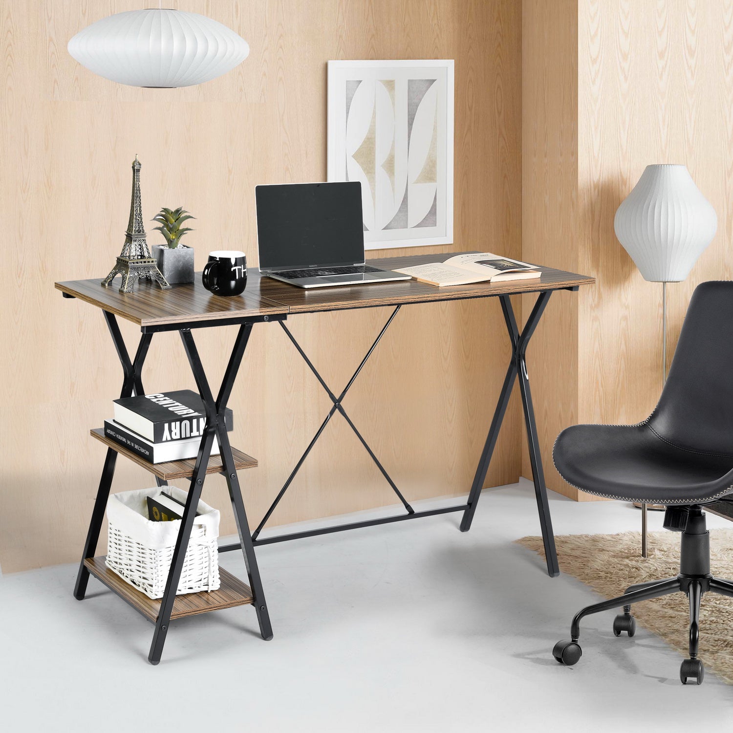 Homy Casa MADDIE Modern Writing Desk with 2-Tier Storage Shelves and Metal Frame, Open Box