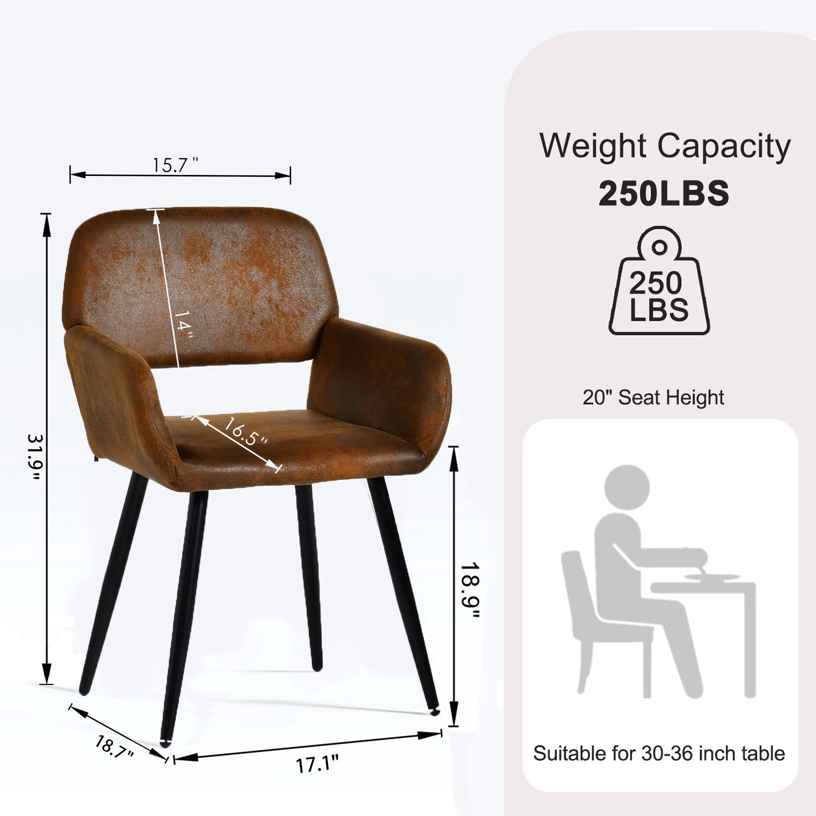 Homy Casa Clift 3PC Dining Set 39.4” Square White Marble Table with 2 Mayfair Suede Brown Chairs, Black Base