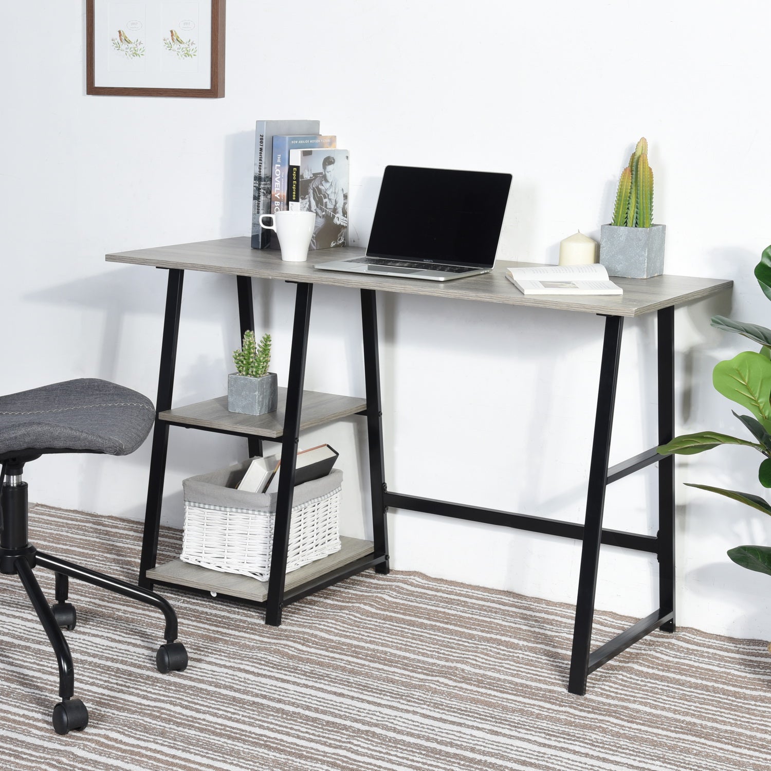 Homy Casa MCGHEE 47.2" Computer Desk with Shelves Dark Grey Open Box