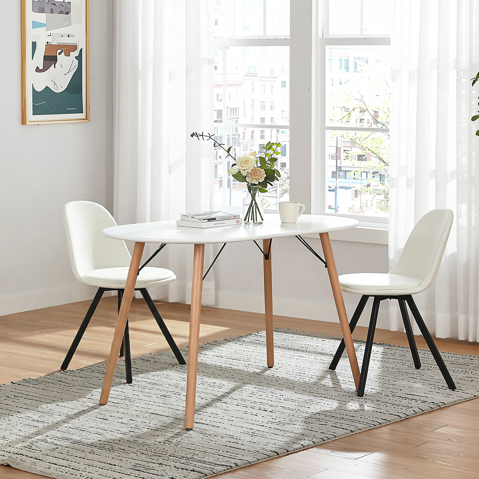 Homy Casa MICK SQUARE Modern Outdoor Dining Table, 120x70x75cm, White MDF Top, Beech Wood Legs Open Box