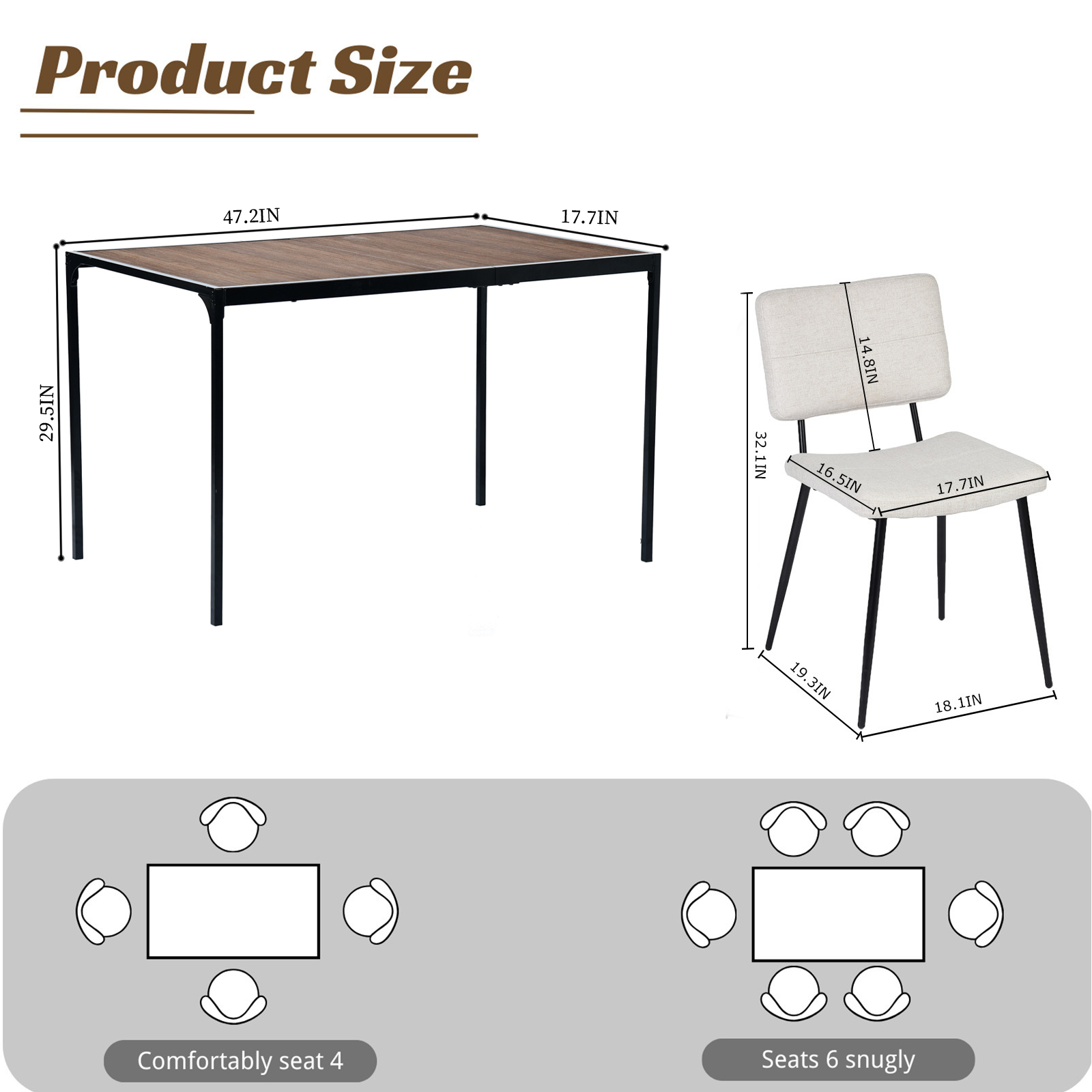 Homy Casa Milliken 5 Piece Walnut Dining Table Set 47” Table with 4 Pomona Beige Upholstered Chairs