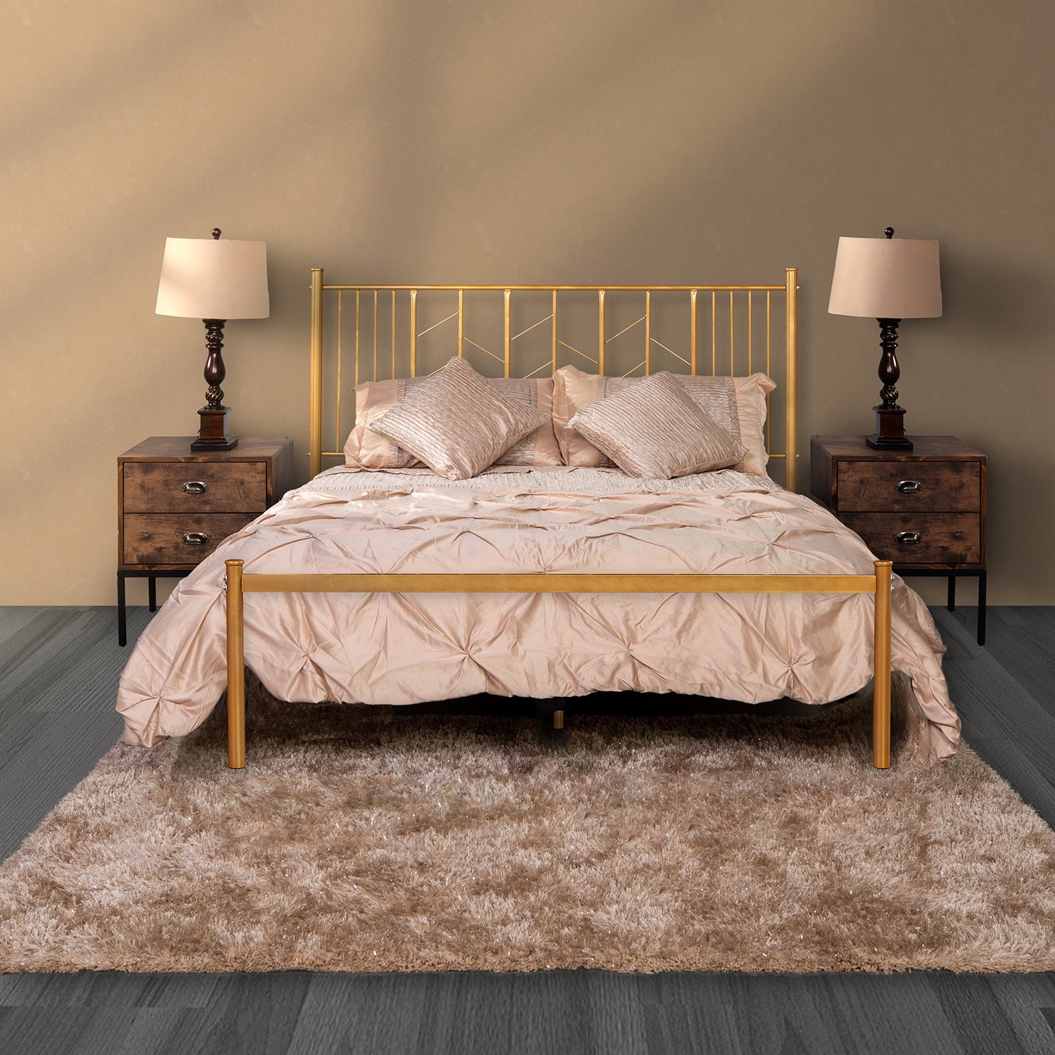 Homy Casa MIYE Full Size Metal Platform Bed Frame with Geometric Headboard in Gold Open Box