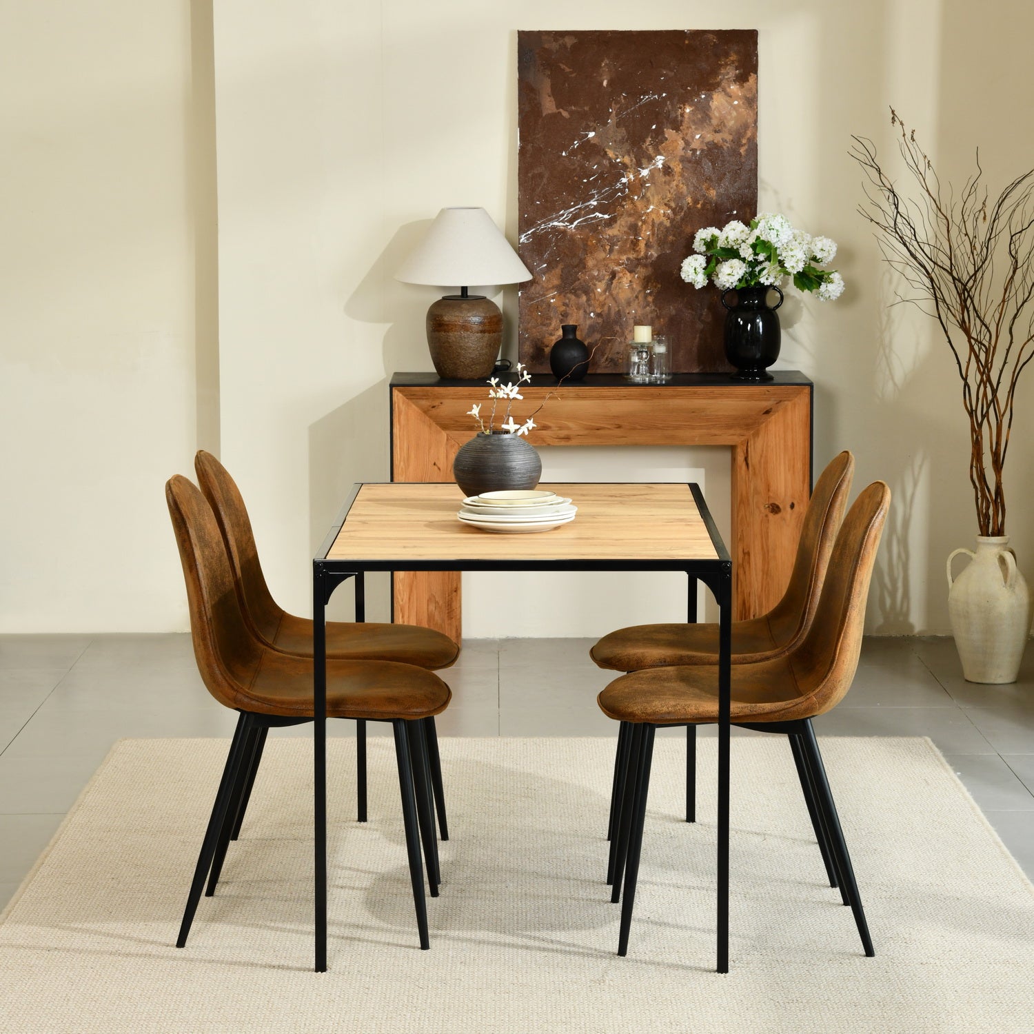 Homy Casa Milliken 5PC Dining Set 47” Oak Table with 4 Charlton Suede Brown Upholstered Chairs with Gold-Tipped Legs