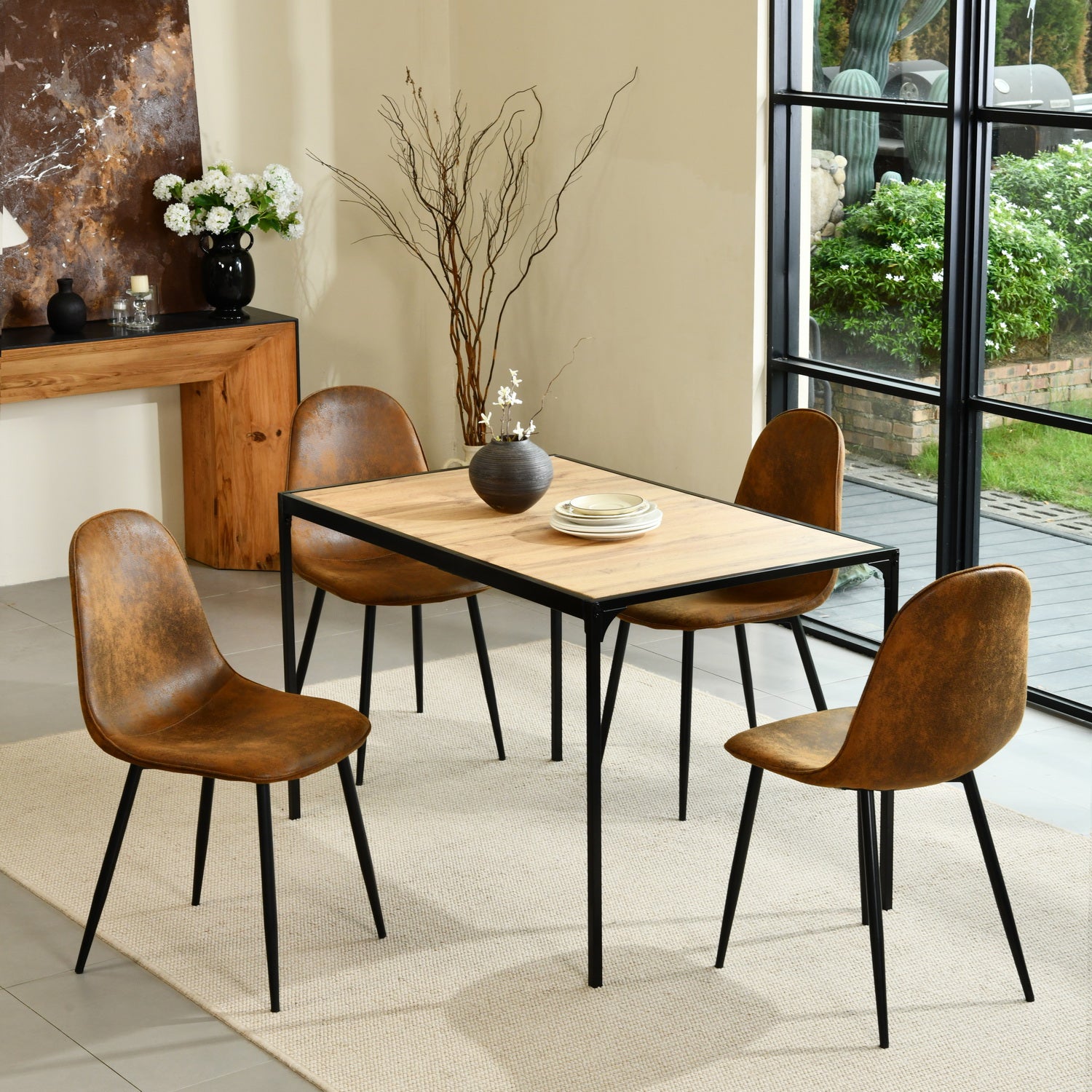Homy Casa Milliken 5PC Dining Set 47” Oak Table with 4 Charlton Suede Brown Upholstered Chairs with Gold-Tipped Legs