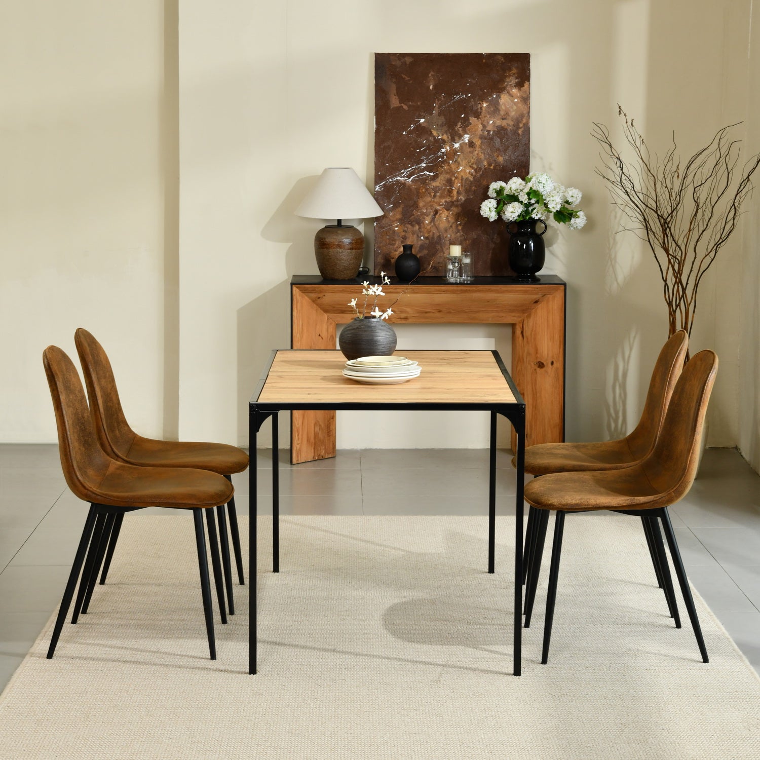 Homy Casa Milliken 5PC Dining Set 47” Oak Table with 4 Charlton Suede Brown Upholstered Chairs with Gold-Tipped Legs
