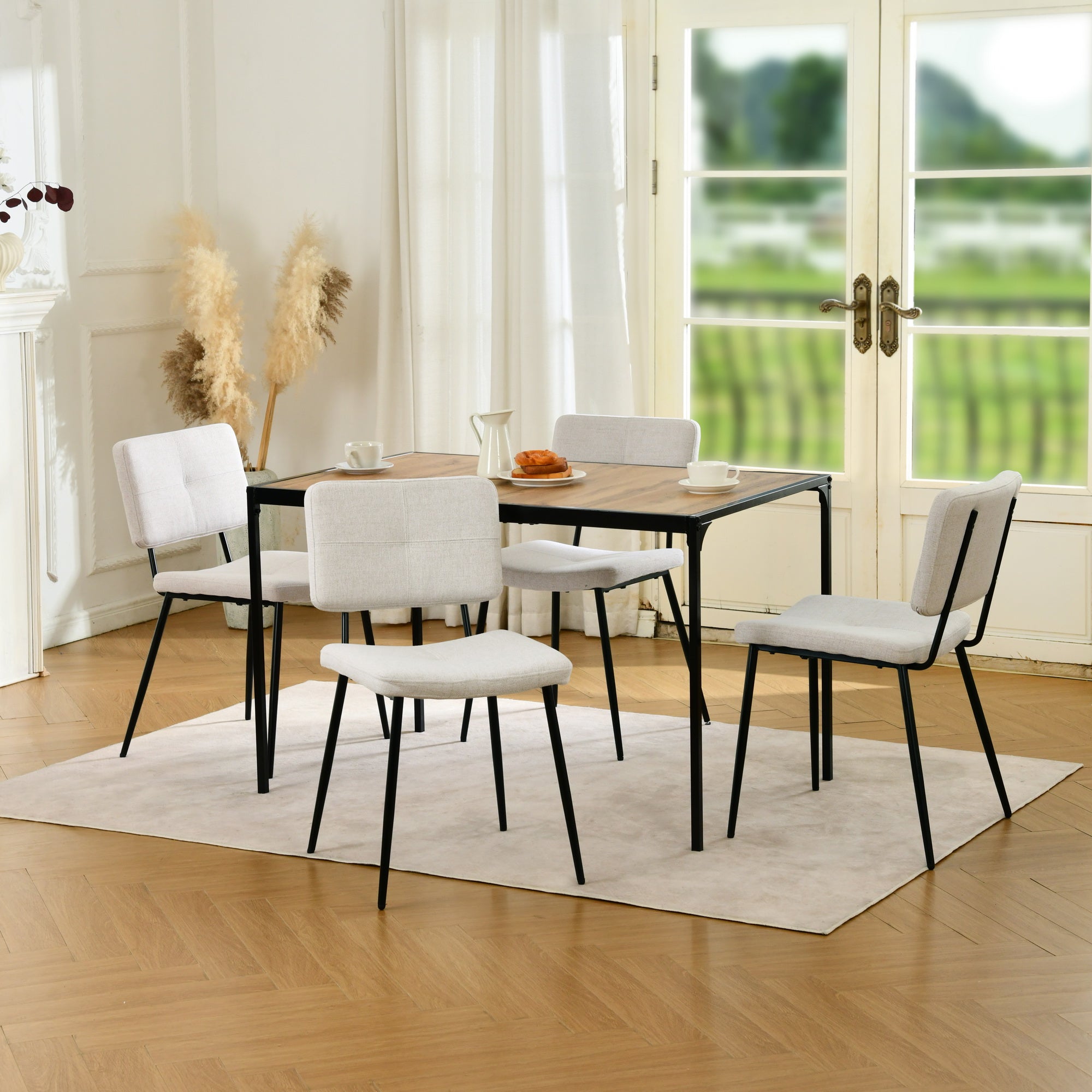 Homy Casa Milliken 5 Piece Oak Dining Table Set 47” Table with 4 Pomona Beige Upholstered Chairs