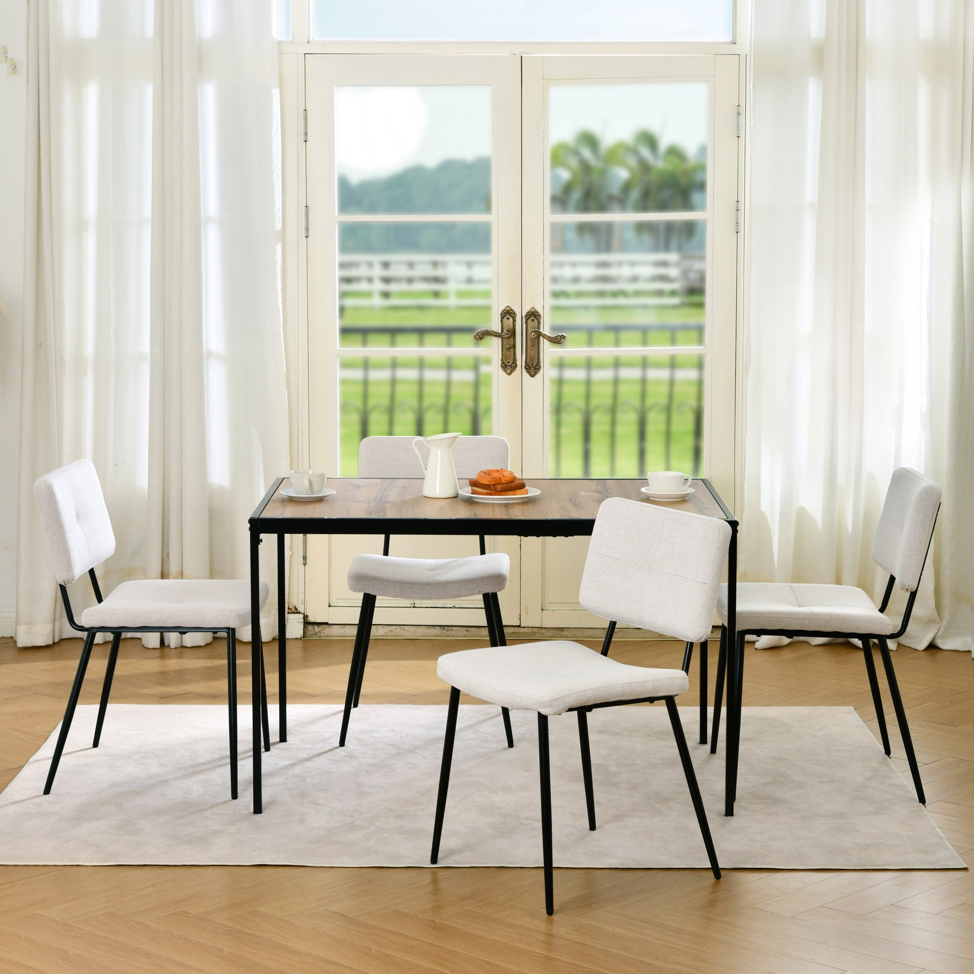 Homy Casa Milliken 5 Piece Oak Dining Table Set 47” Table with 4 Pomona Beige Upholstered Chairs