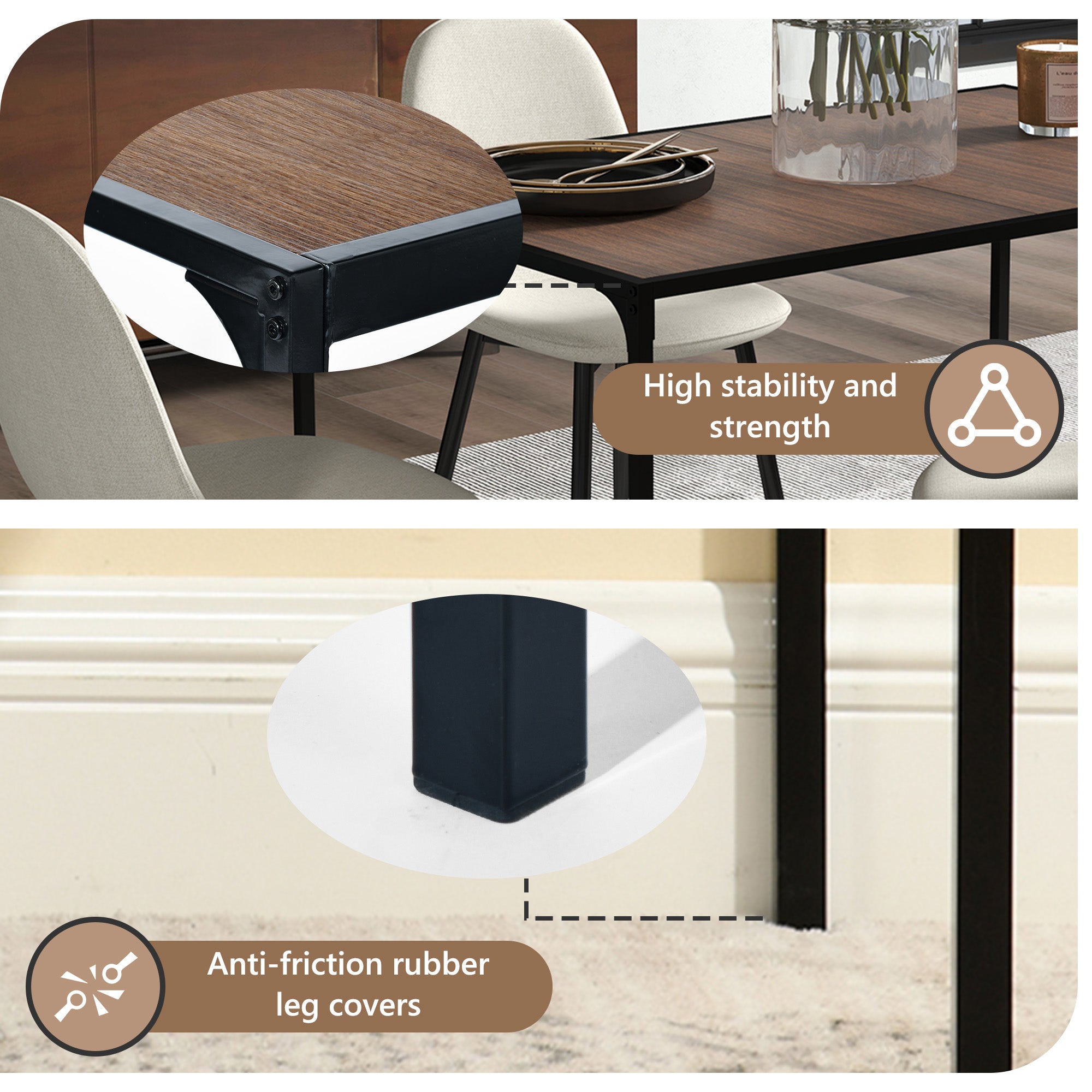 Homy Casa Milliken 5 Piece Walnut Dining Table Set 47” Table with 4 Pomona Beige Upholstered Chairs