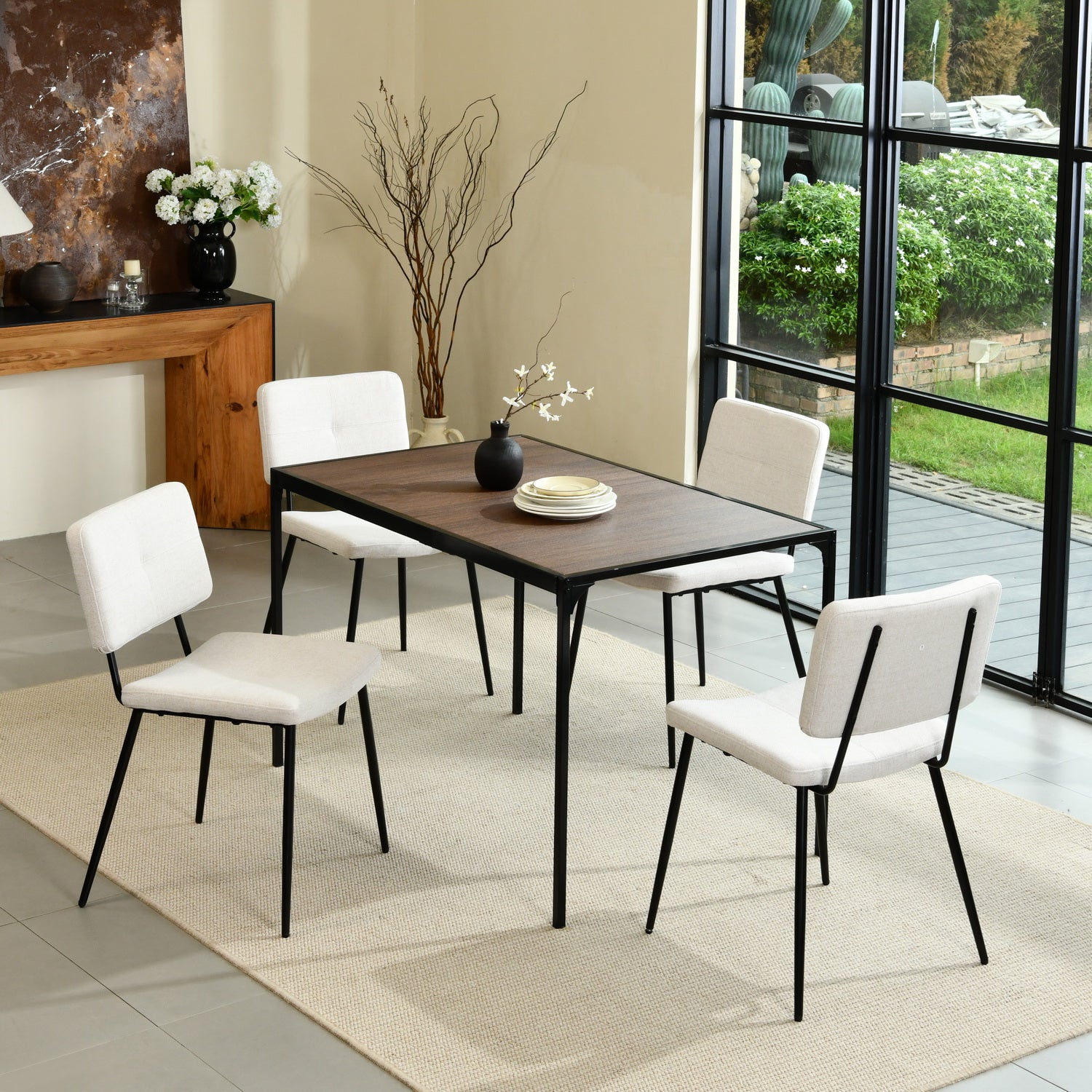 Homy Casa Milliken 5 Piece Walnut Dining Table Set 47” Table with 4 Pomona Beige Upholstered Chairs