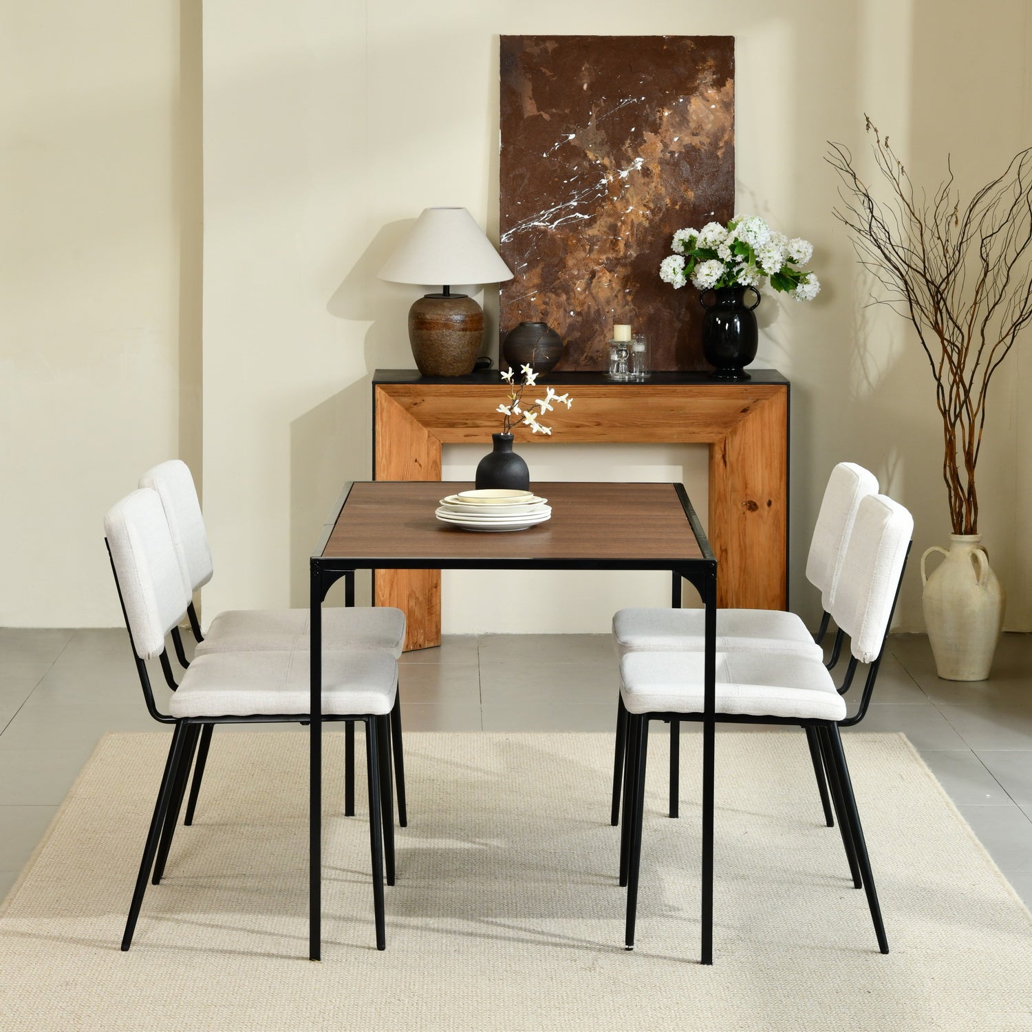 Homy Casa Milliken 5 Piece Walnut Dining Table Set 47” Table with 4 Pomona Beige Upholstered Chairs