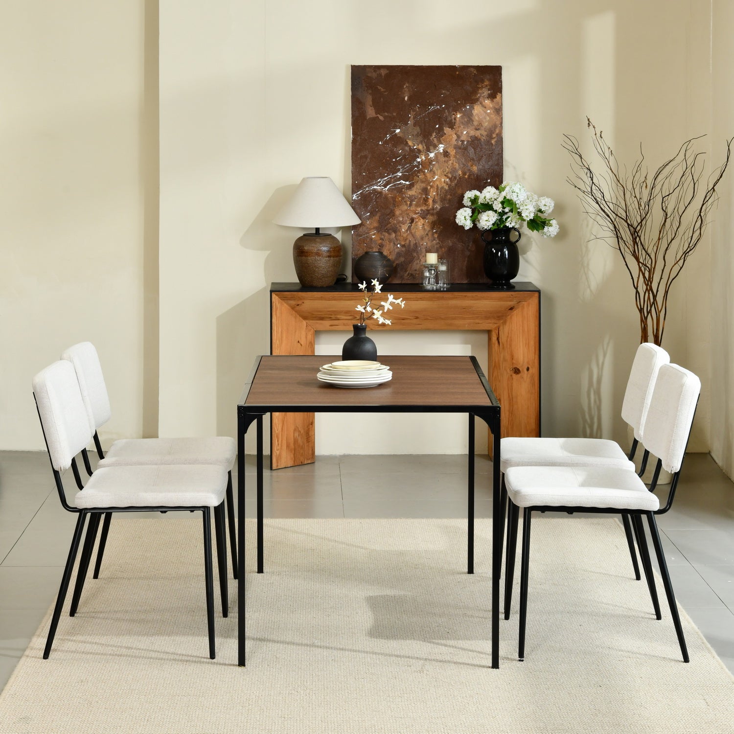 Homy Casa Milliken 5 Piece Walnut Dining Table Set 47” Table with 4 Pomona Beige Upholstered Chairs
