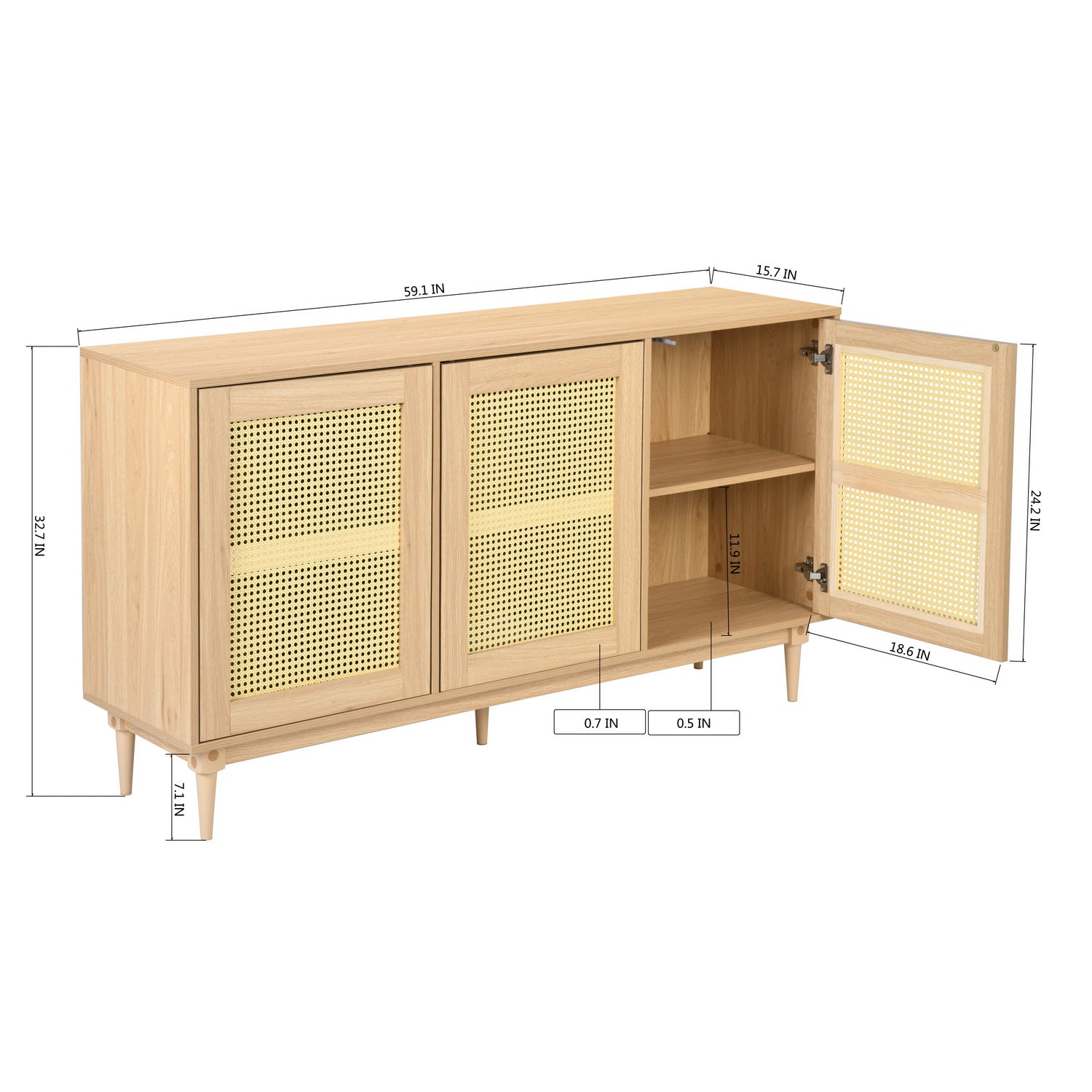 Homy Casa OPPELT Modern Oak Sideboard Cabinet with Rattan Style Doors and Beech Wood Legs, Open Box