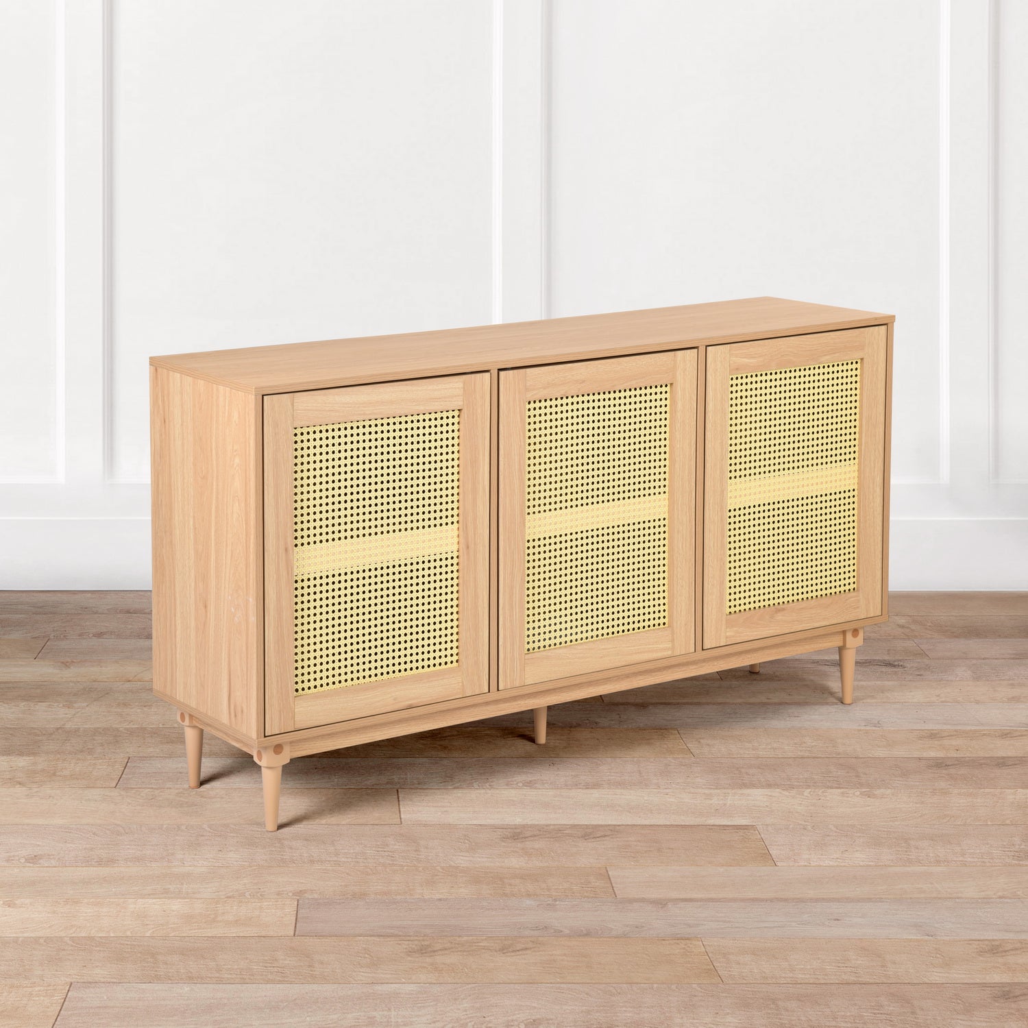Homy Casa OPPELT Modern Oak Sideboard Cabinet with Rattan Style Doors and Beech Wood Legs, Open Box