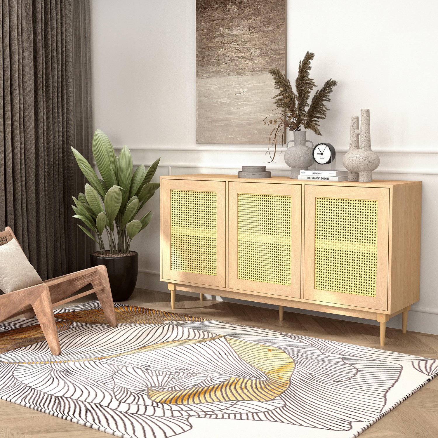 Homy Casa OPPELT Modern Oak Sideboard Cabinet with Rattan Style Doors and Beech Wood Legs, Open Box