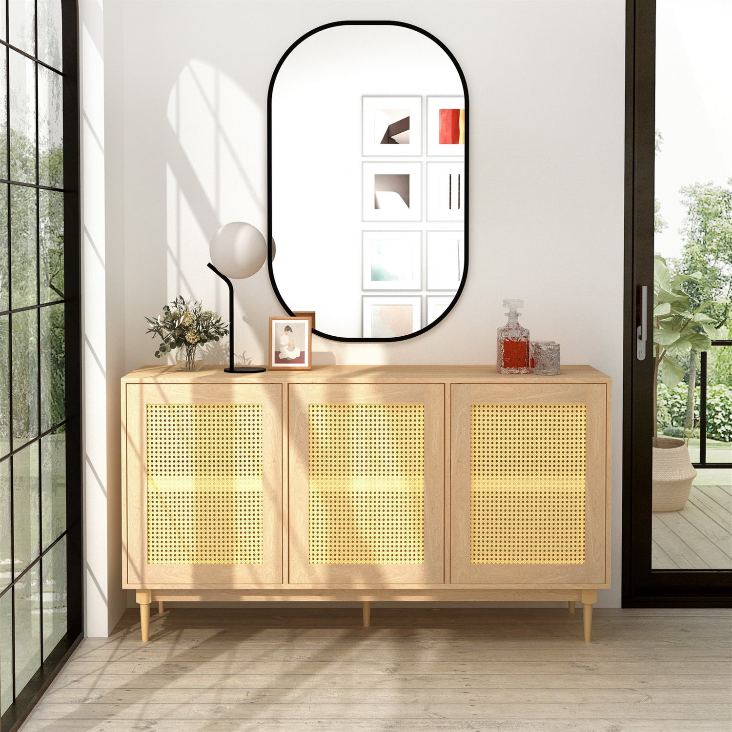 Homy Casa OPPELT Modern Oak Sideboard Cabinet with Rattan Style Doors and Beech Wood Legs, Open Box