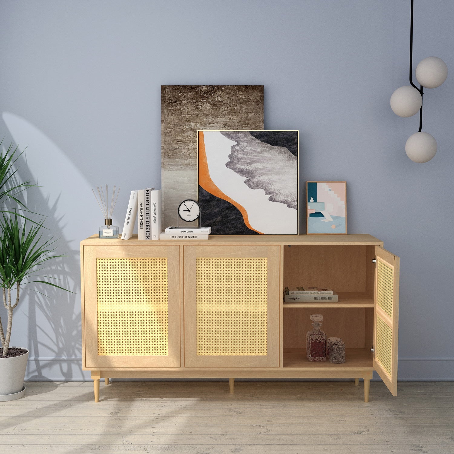Homy Casa OPPELT Modern Oak Sideboard Cabinet with Rattan Style Doors and Beech Wood Legs, Open Box