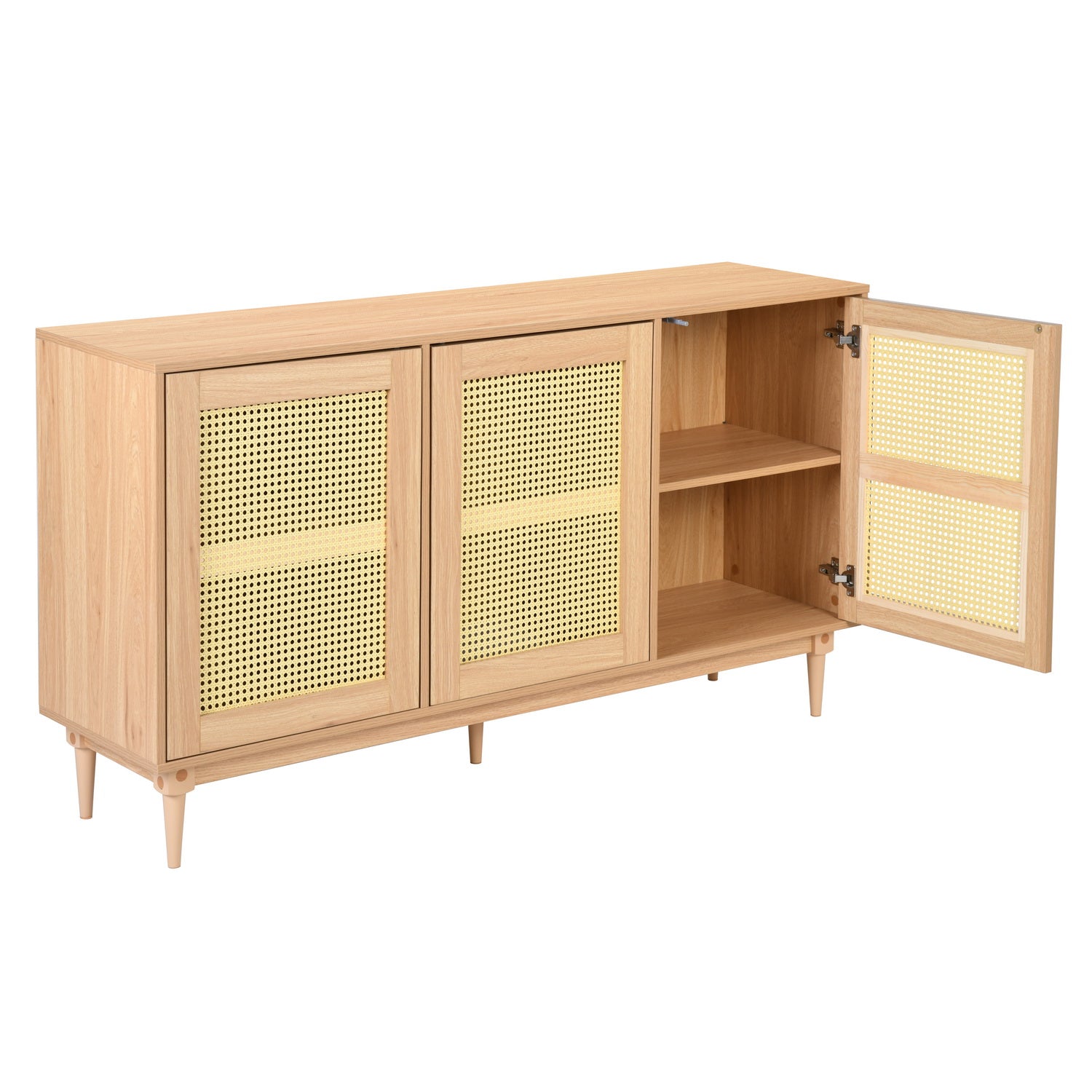 Homy Casa OPPELT Modern Oak Sideboard Cabinet with Rattan Style Doors and Beech Wood Legs, Open Box