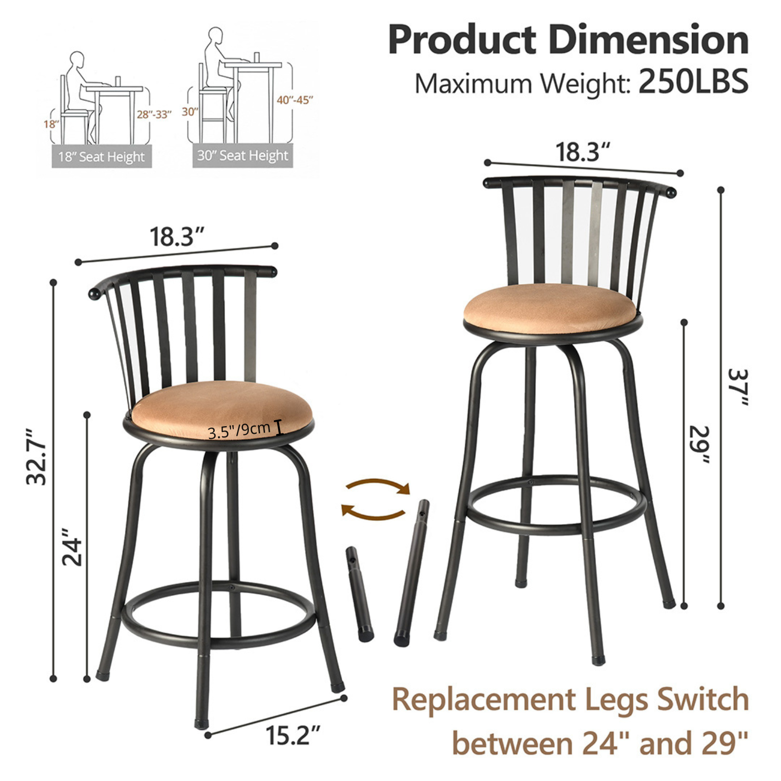 Homy Casa PISTIL 2PC 24/29 Inch Adjustable Barstool Bronze Frame Suede Seat