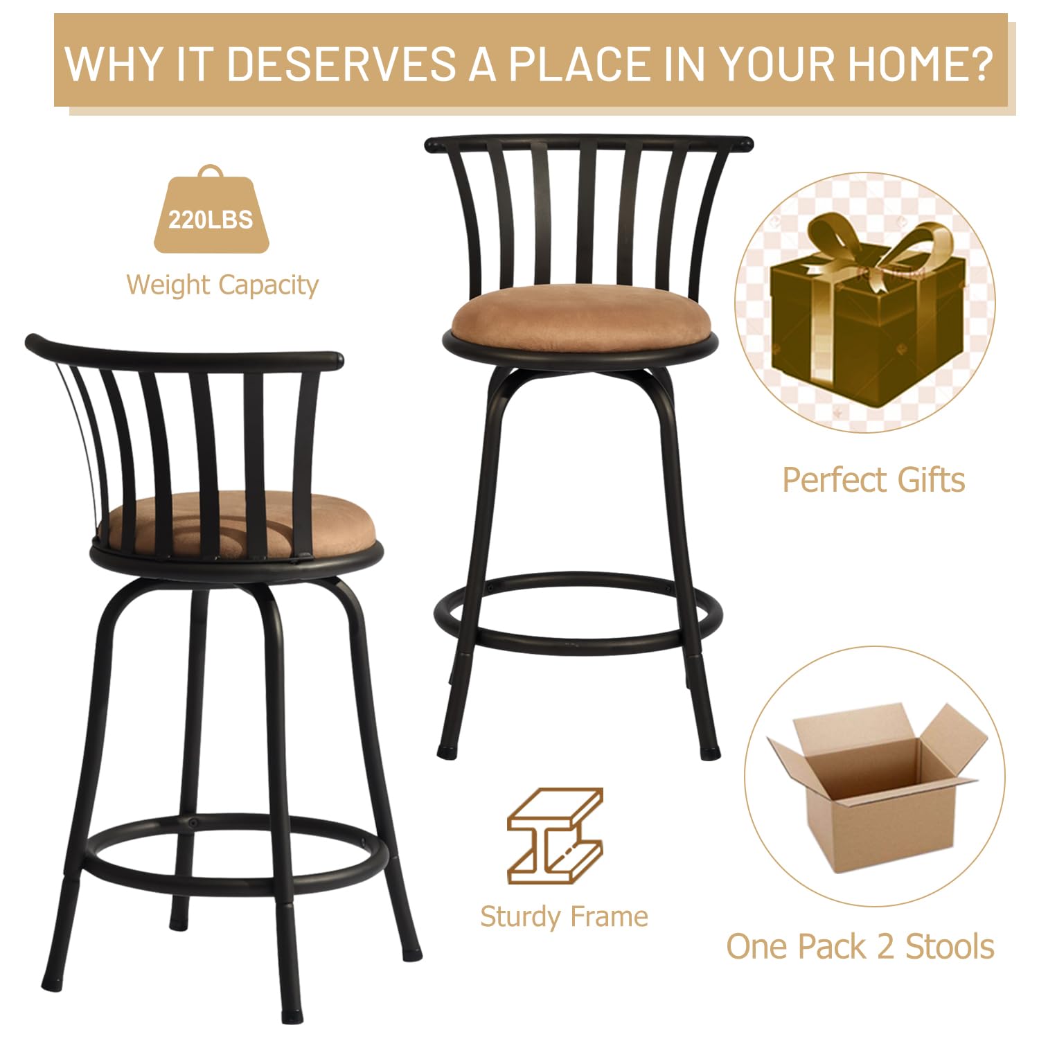 Homy Casa PISTIL 24" Swivel Counter Stool Set of 3, Brown Suede Upholstery with Black Metal Frame, Open Box