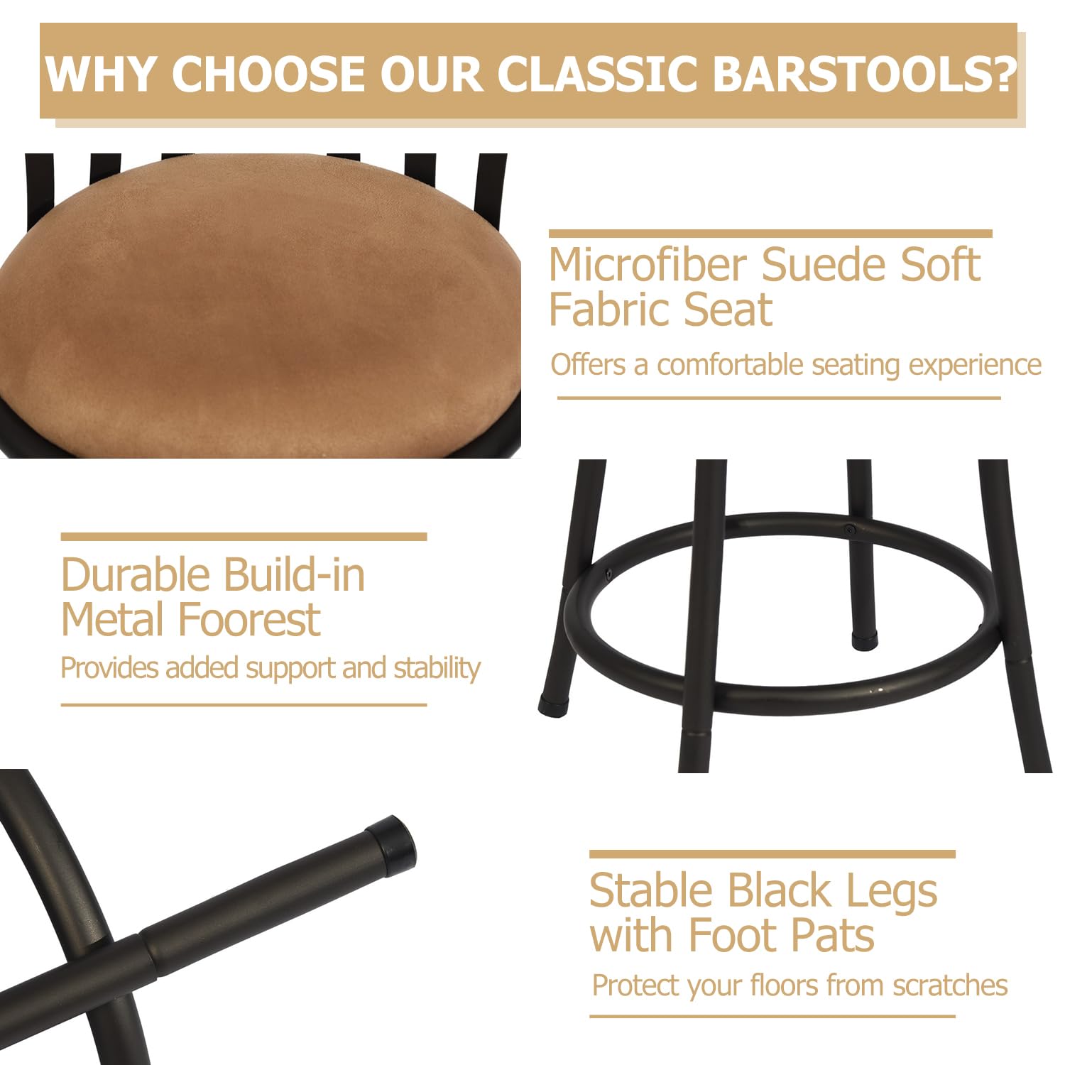 Homy Casa PISTIL 24" Swivel Counter Stool Set of 3, Brown Suede Upholstery with Black Metal Frame, Open Box
