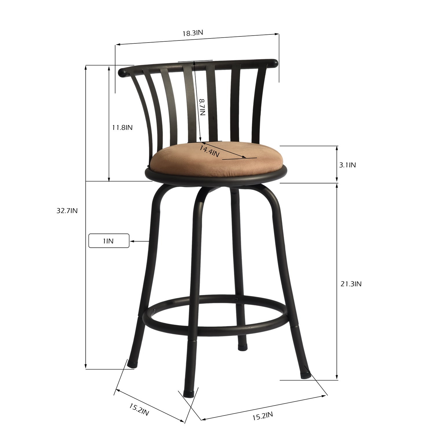 Homy Casa PISTIL 24" Swivel Counter Stool Set of 3, Brown Suede Upholstery with Black Metal Frame, Open Box