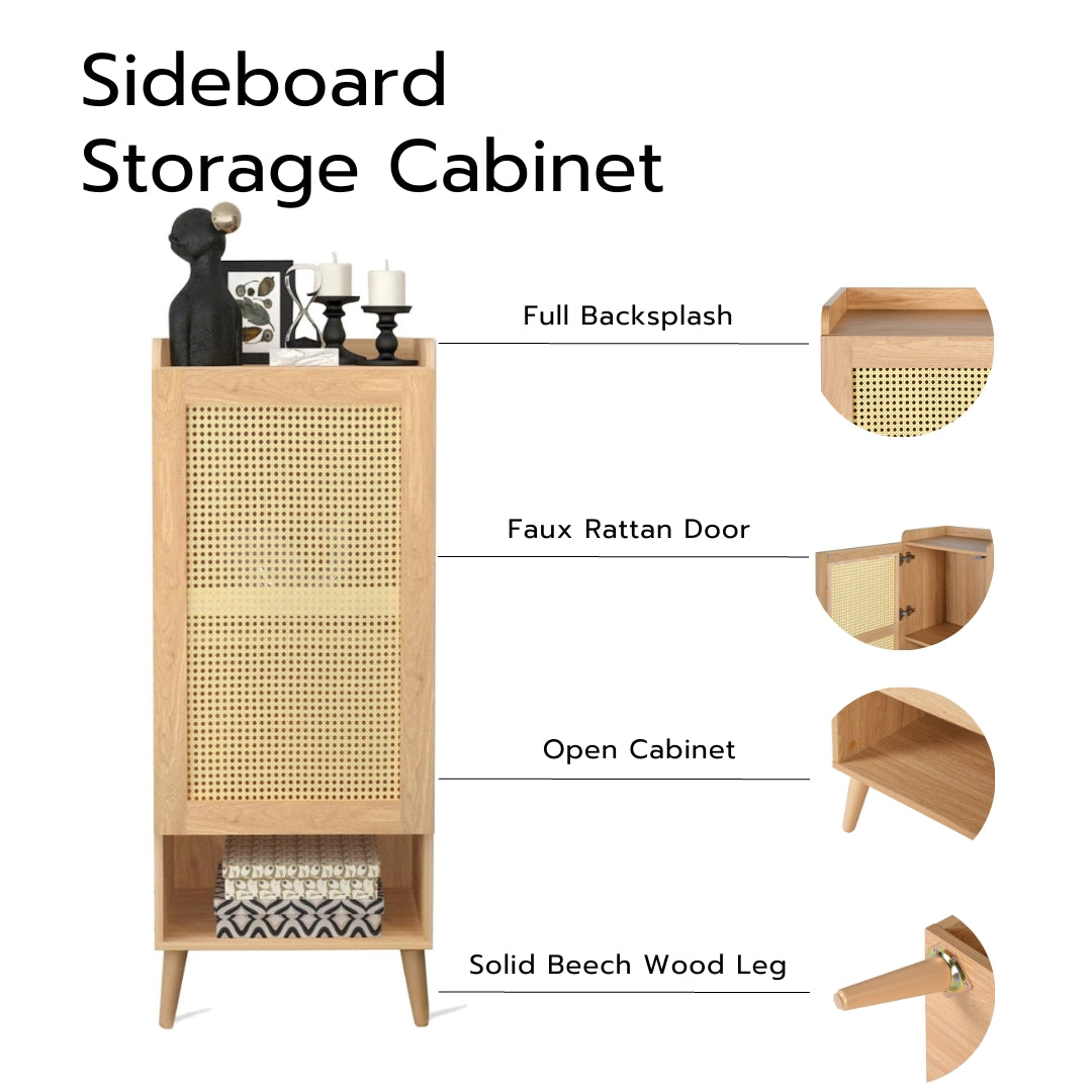 Homy Casa QUERALT Oak Cabinet 19.7" 1 Door 3 Shelf Rattan Style Storage Cabinet with Solid Wood Legs Open Box
