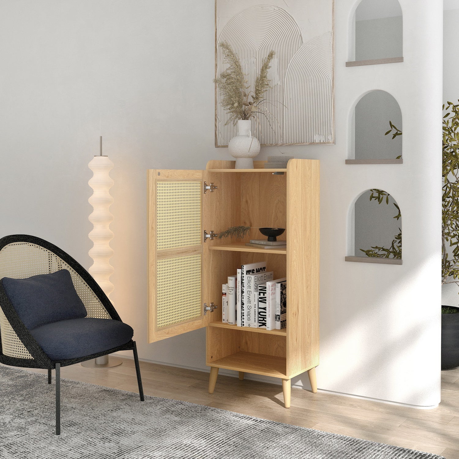 Homy Casa QUERALT Oak Cabinet 19.7" 1 Door 3 Shelf Rattan Style Storage Cabinet with Solid Wood Legs Open Box