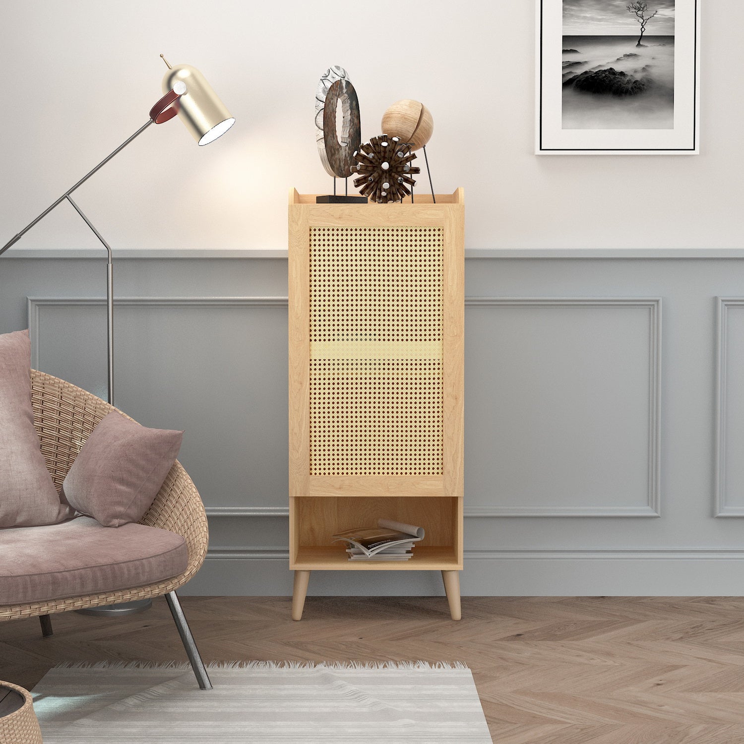 Homy Casa QUERALT Oak Cabinet 19.7" 1 Door 3 Shelf Rattan Style Storage Cabinet with Solid Wood Legs Open Box