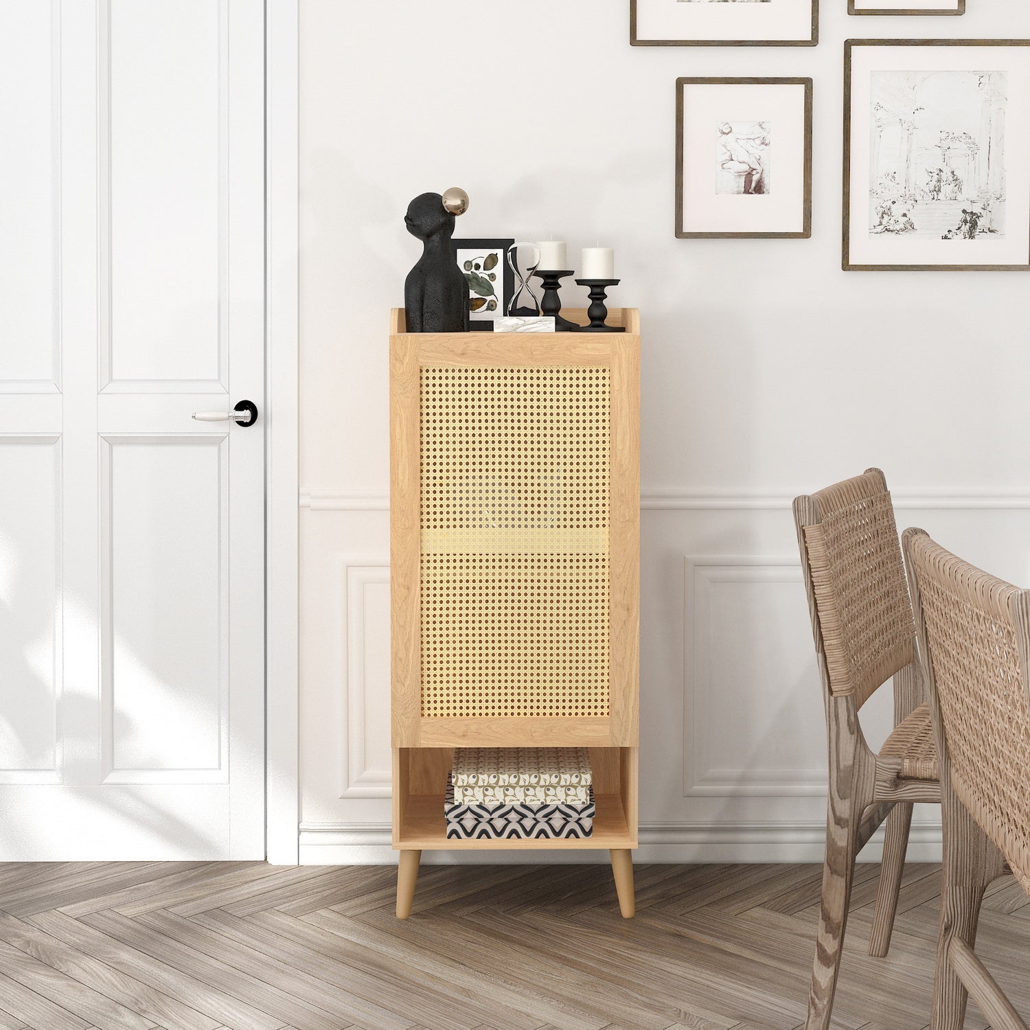 Homy Casa QUERALT Oak Cabinet 19.7" 1 Door 3 Shelf Rattan Style Storage Cabinet with Solid Wood Legs Open Box
