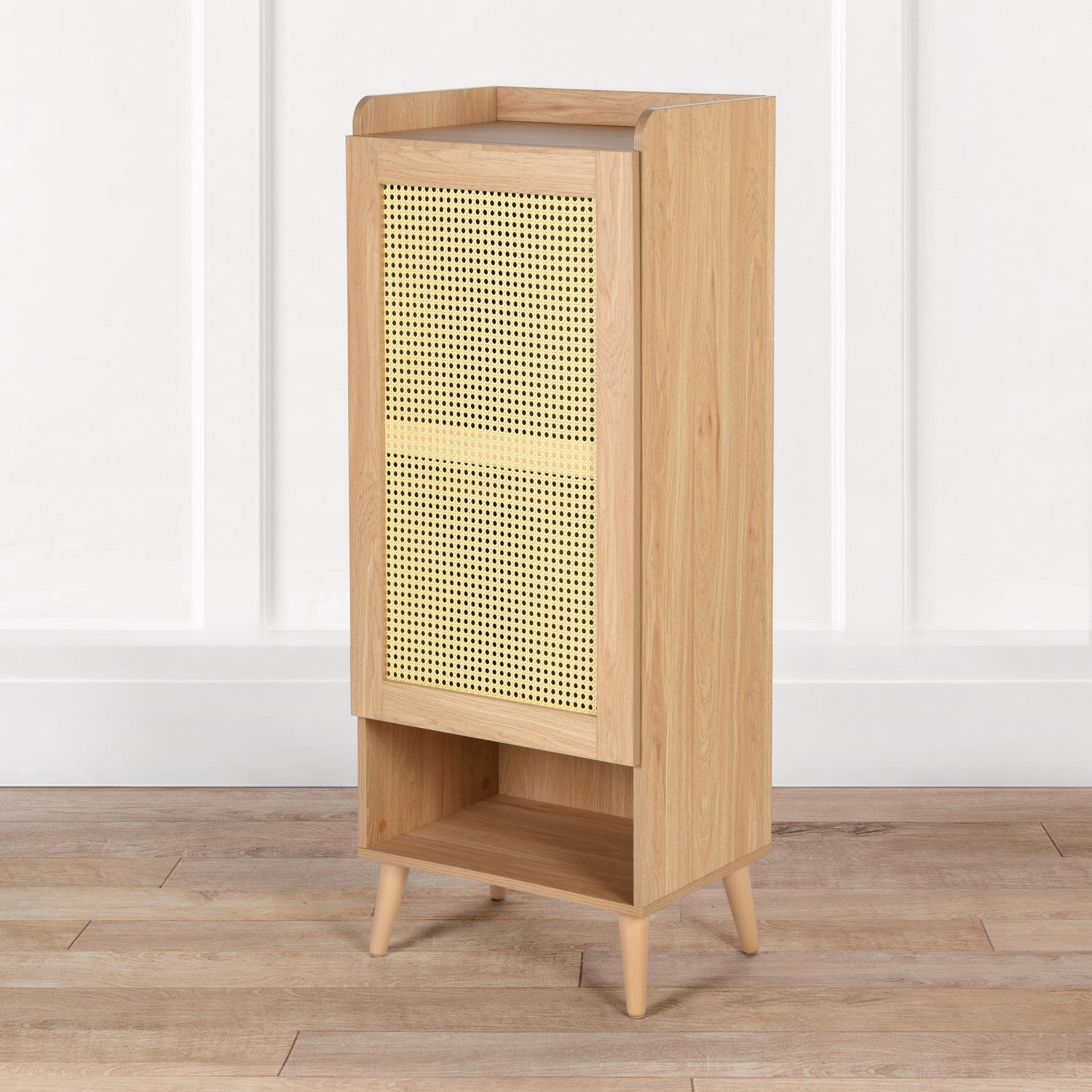 Homy Casa QUERALT Oak Cabinet 19.7" 1 Door 3 Shelf Rattan Style Storage Cabinet with Solid Wood Legs Open Box