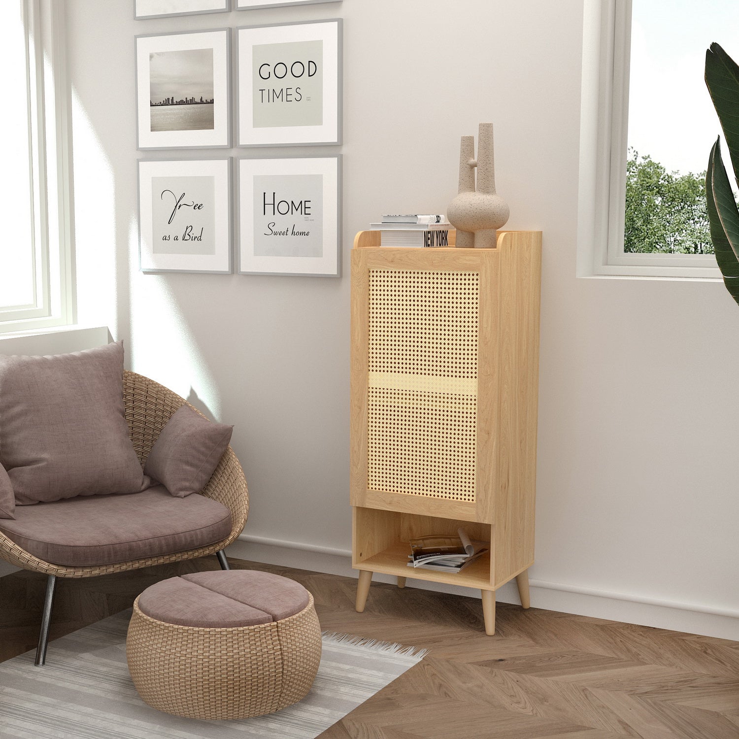 Homy Casa QUERALT Oak Cabinet 19.7" 1 Door 3 Shelf Rattan Style Storage Cabinet with Solid Wood Legs Open Box