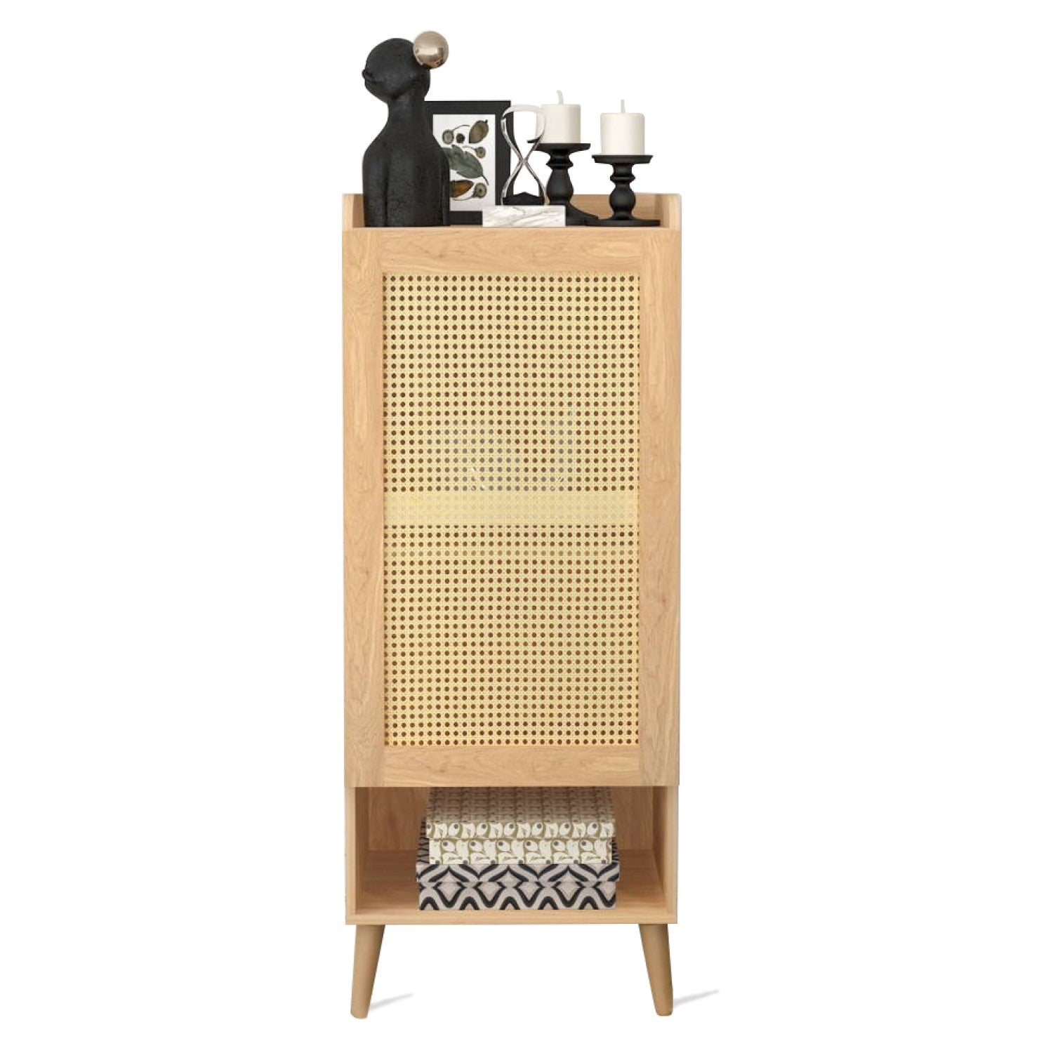 Homy Casa QUERALT Oak Cabinet 19.7" 1 Door 3 Shelf Rattan Style Storage Cabinet with Solid Wood Legs Open Box