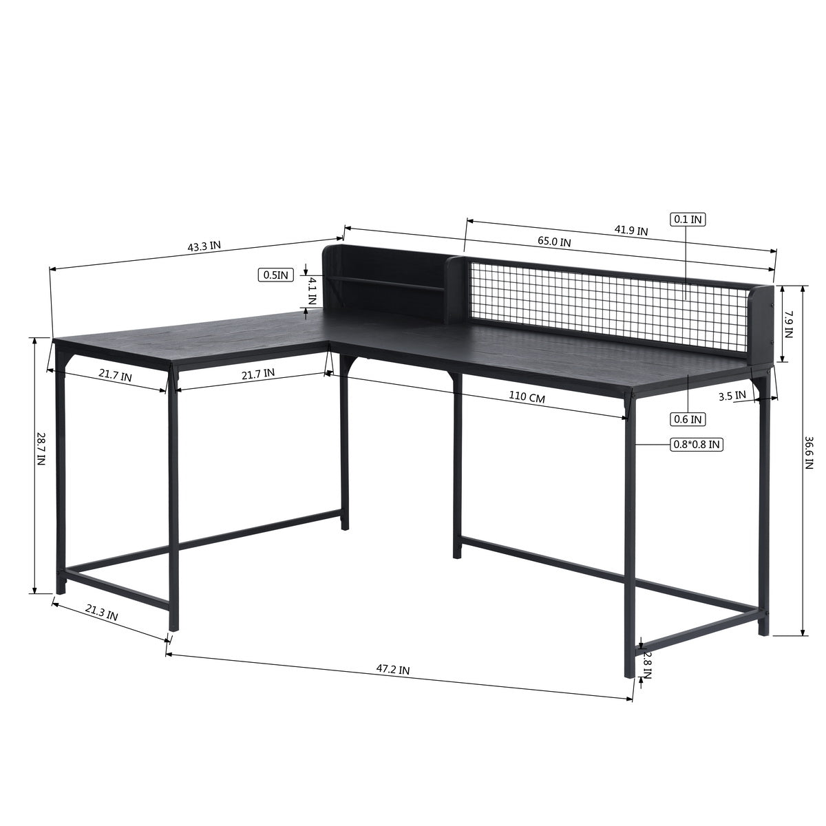 Homy Casa ROGER BLACK B Corner Computer Desk "65" x 43" - Modern Office Workspace Desk