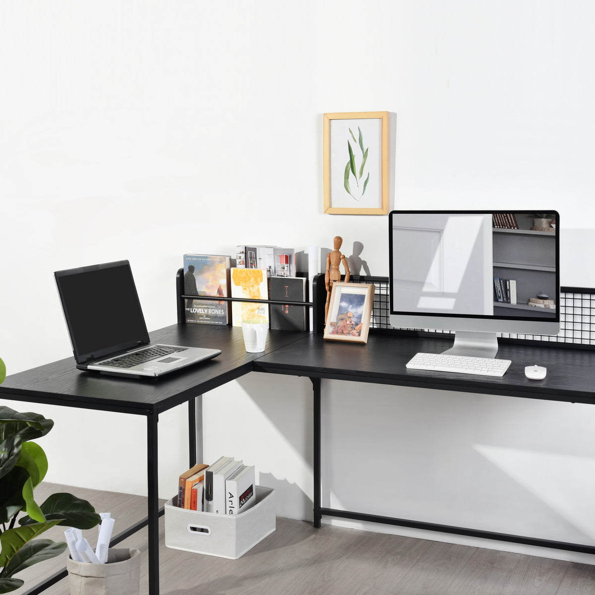 Homy Casa ROGER BLACK B Corner Computer Desk "65" x 43" - Modern Office Workspace Desk