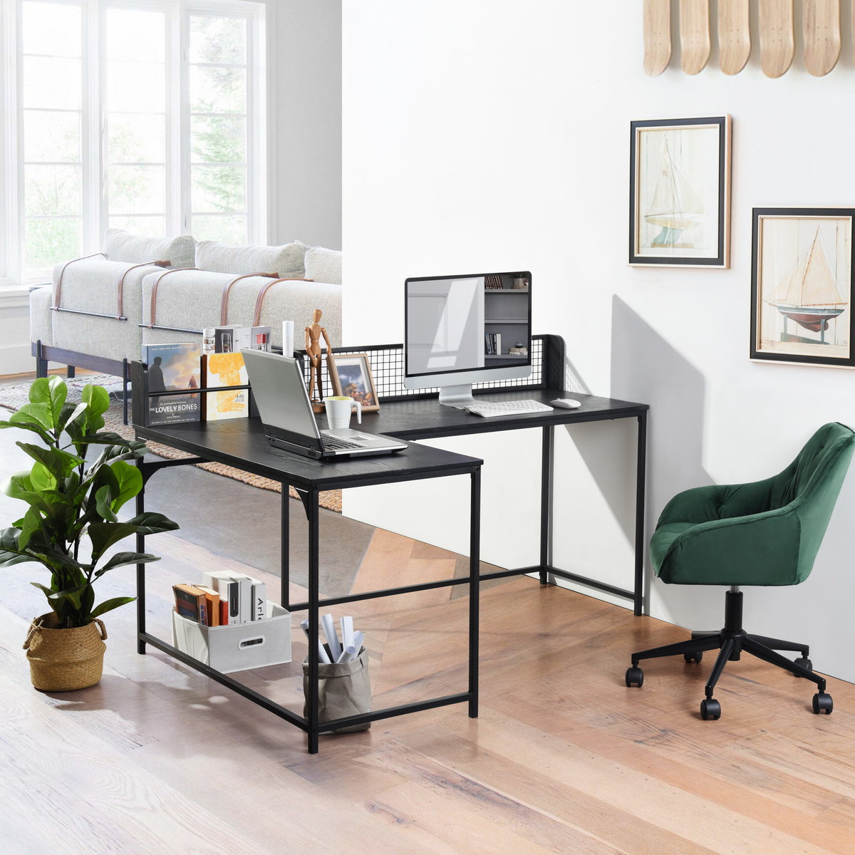Homy Casa ROGER BLACK B Corner Computer Desk "65" x 43" - Modern Office Workspace Desk