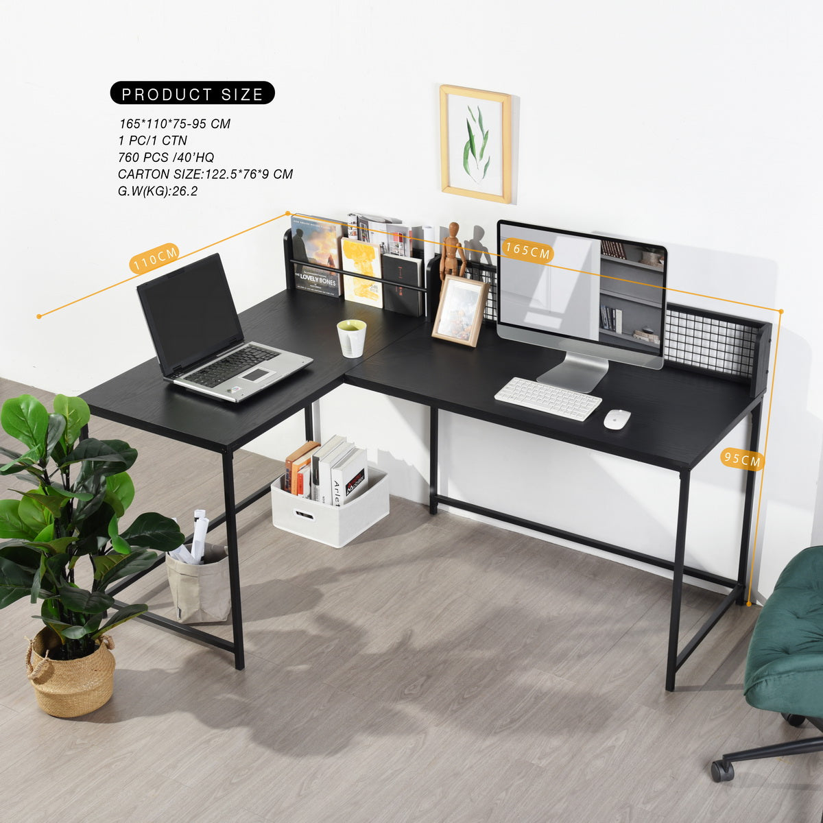 Homy Casa ROGER BLACK B Corner Computer Desk "65" x 43" - Modern Office Workspace Desk