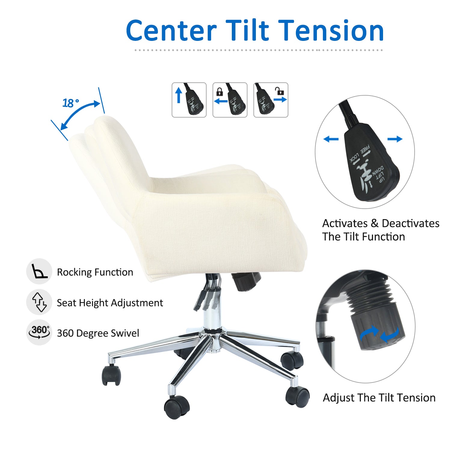 Homy Casa ROSS Adjustable Fabric Task Chair with Chrome Base and PU Casters, Beige, Open Box