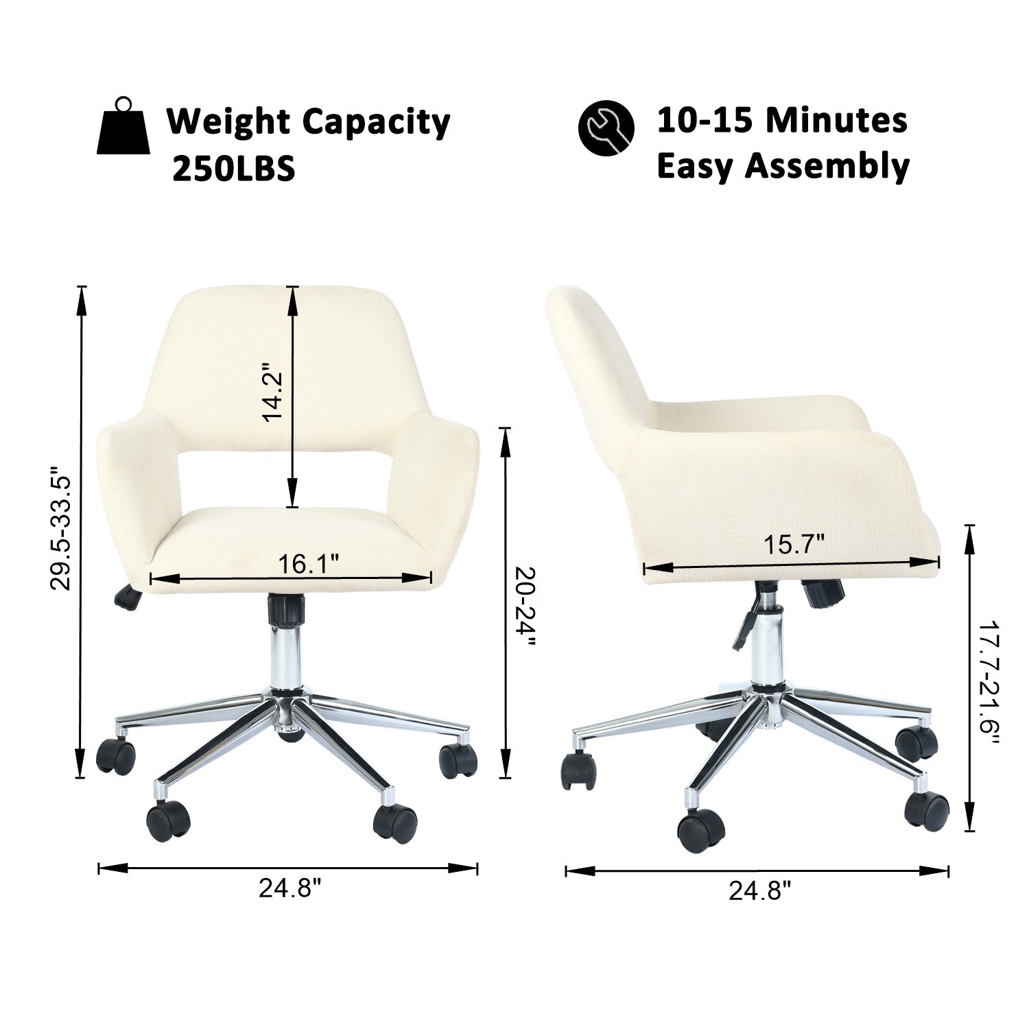 Homy Casa ROSS Adjustable Fabric Task Chair with Chrome Base and PU Casters, Beige, Open Box
