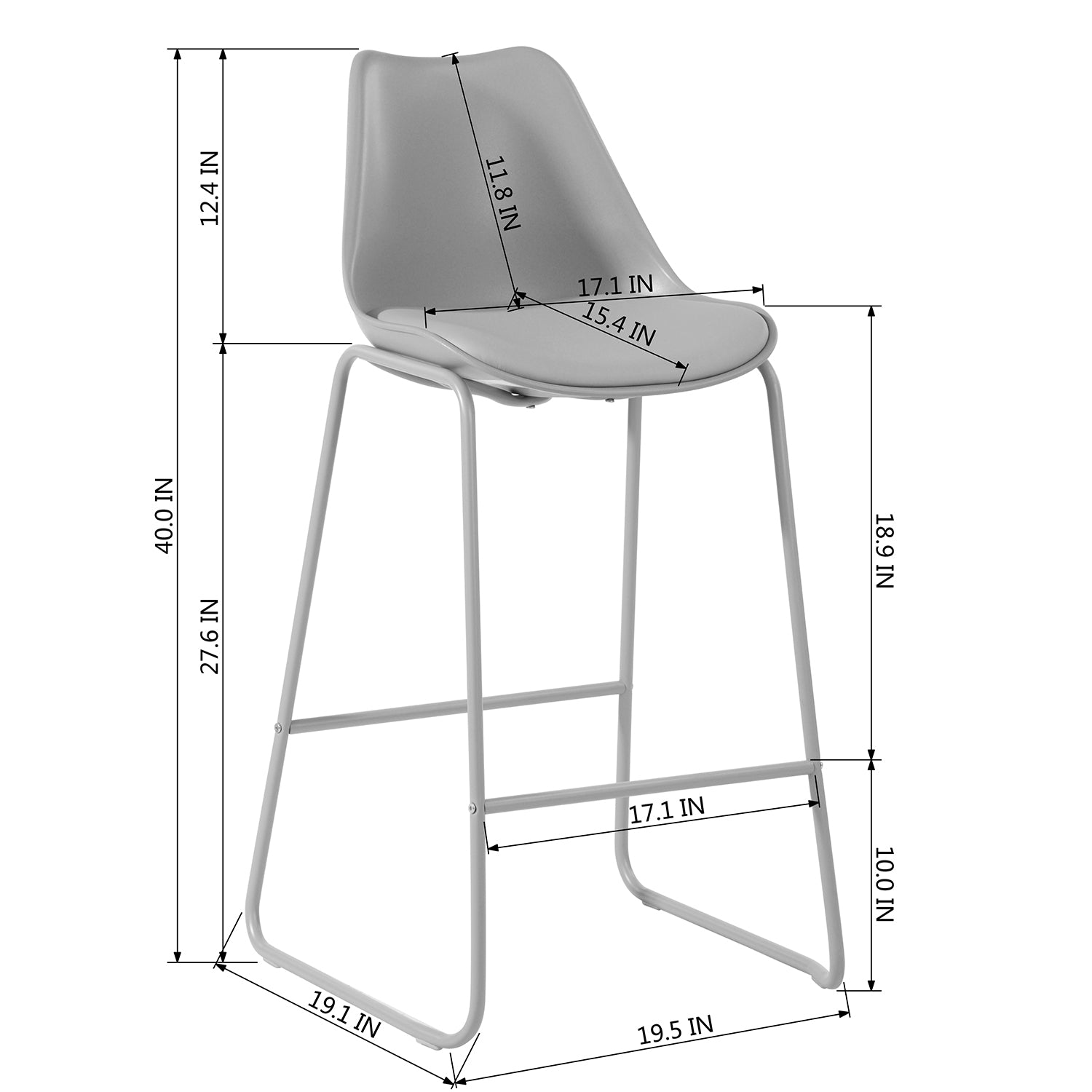 Homy Casa Russ Modern Bar Chair with PU Upholstery and Metal Sled Base, Grey,Open Box