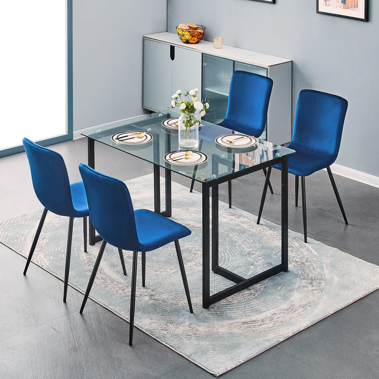 Homy Casa SCARGILL DINING BLUE VELVET BLACK LEG 17.32" W x 21.26" D x 34.25" H Dining Chair Open Box