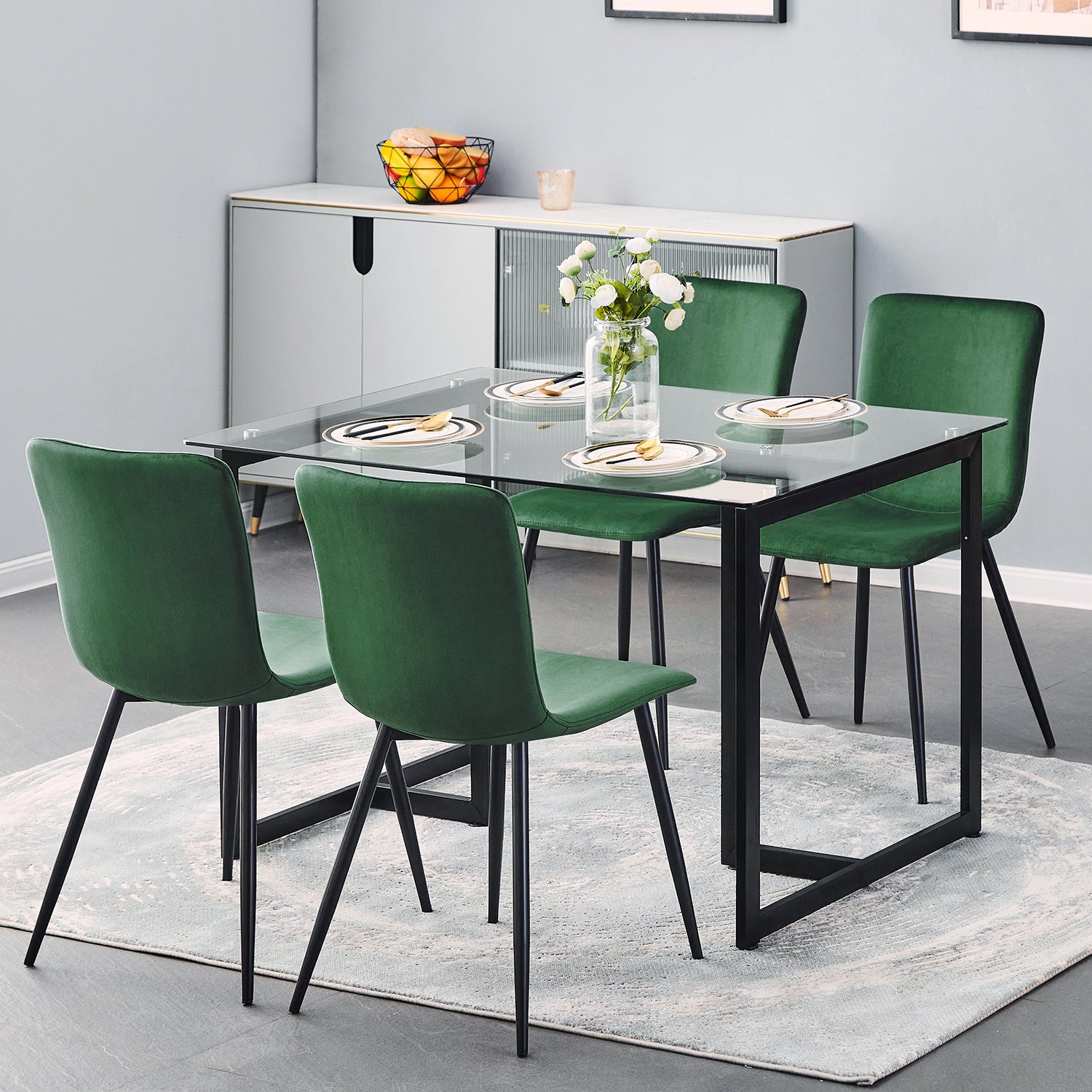 Homy Casa SCARGILL DINING GREEN VELVET BLACK LEG 4 PCS Dining Chair Open Box