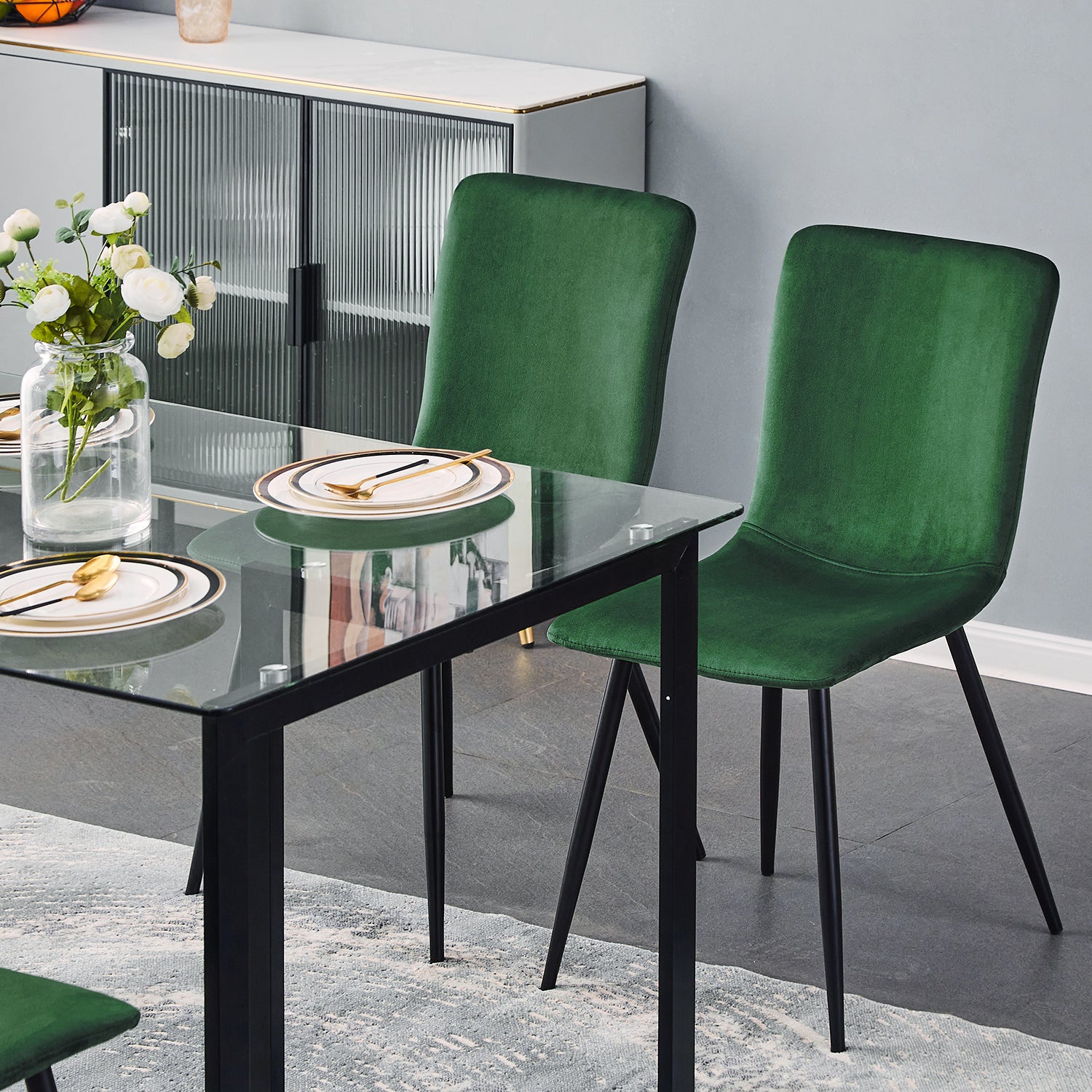 Homy Casa SCARGILL DINING GREEN VELVET BLACK LEG 4 PCS Dining Chair Open Box